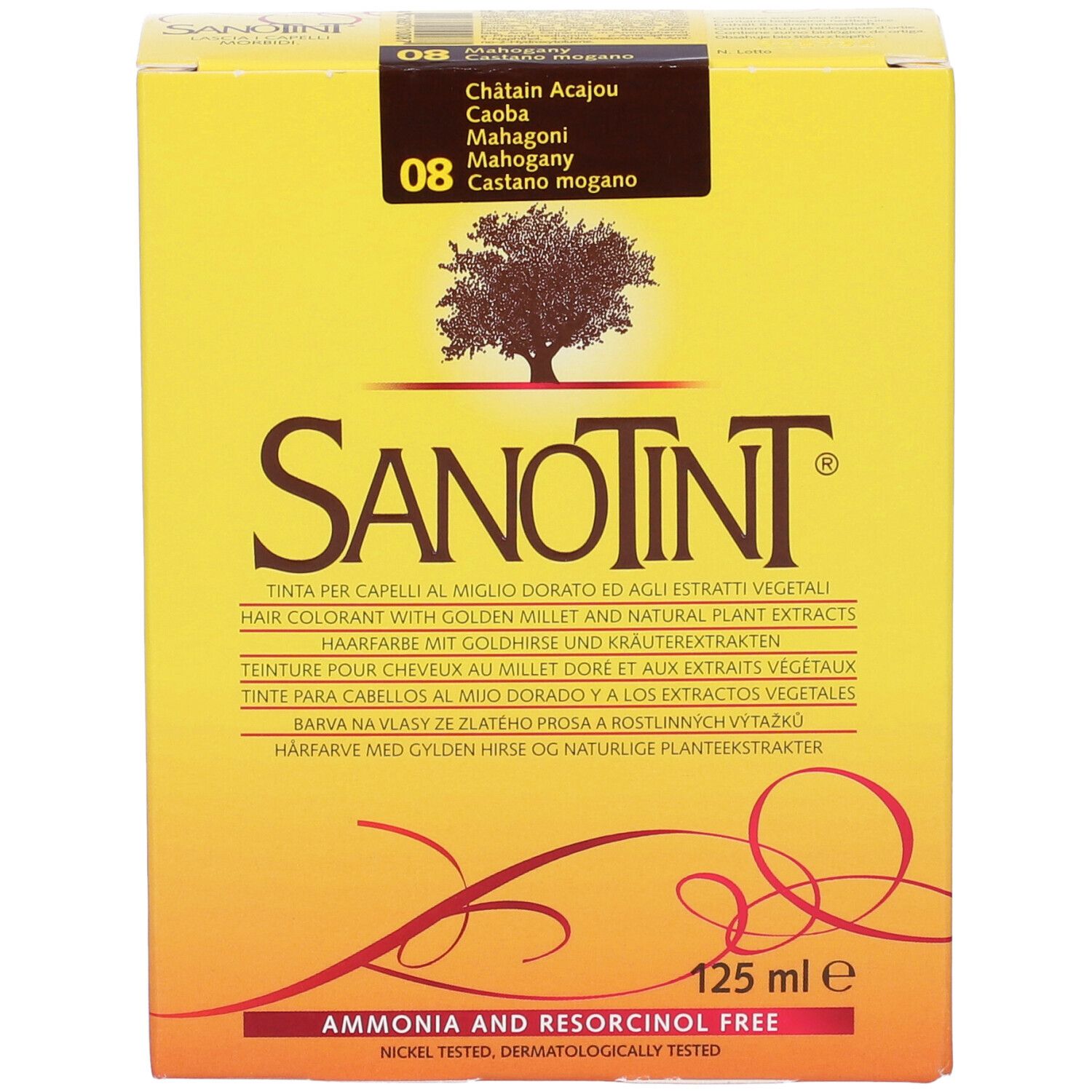 Scatola colorazione Sanotint, 08 Castano Mogano. Scatola giallo-arancio con nome prodotto, logo albero e testo. Fronte.