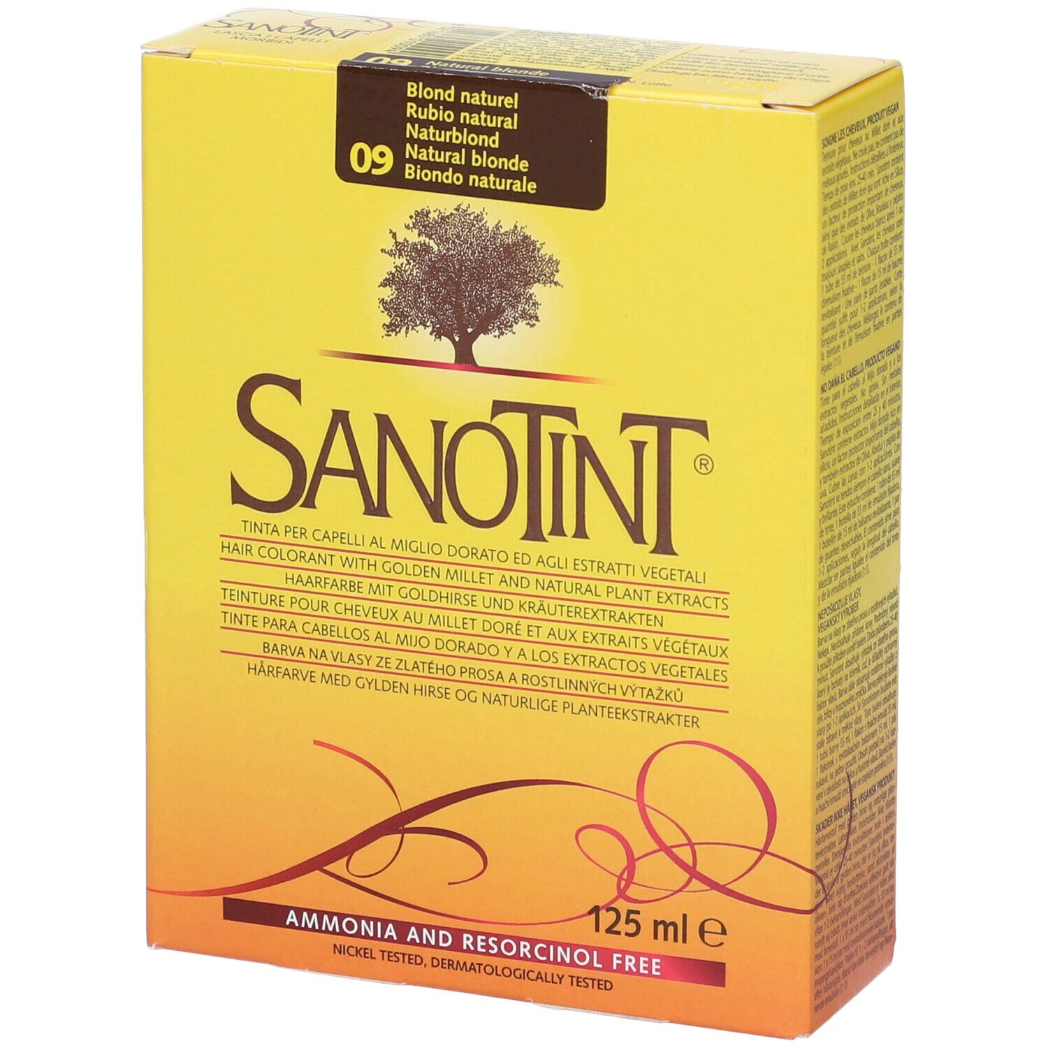 Scatola gialla con logo Sanotint e scritta: 09 Biondo Naturale. Contiene 125 ml. Senza nichel e resorcina.