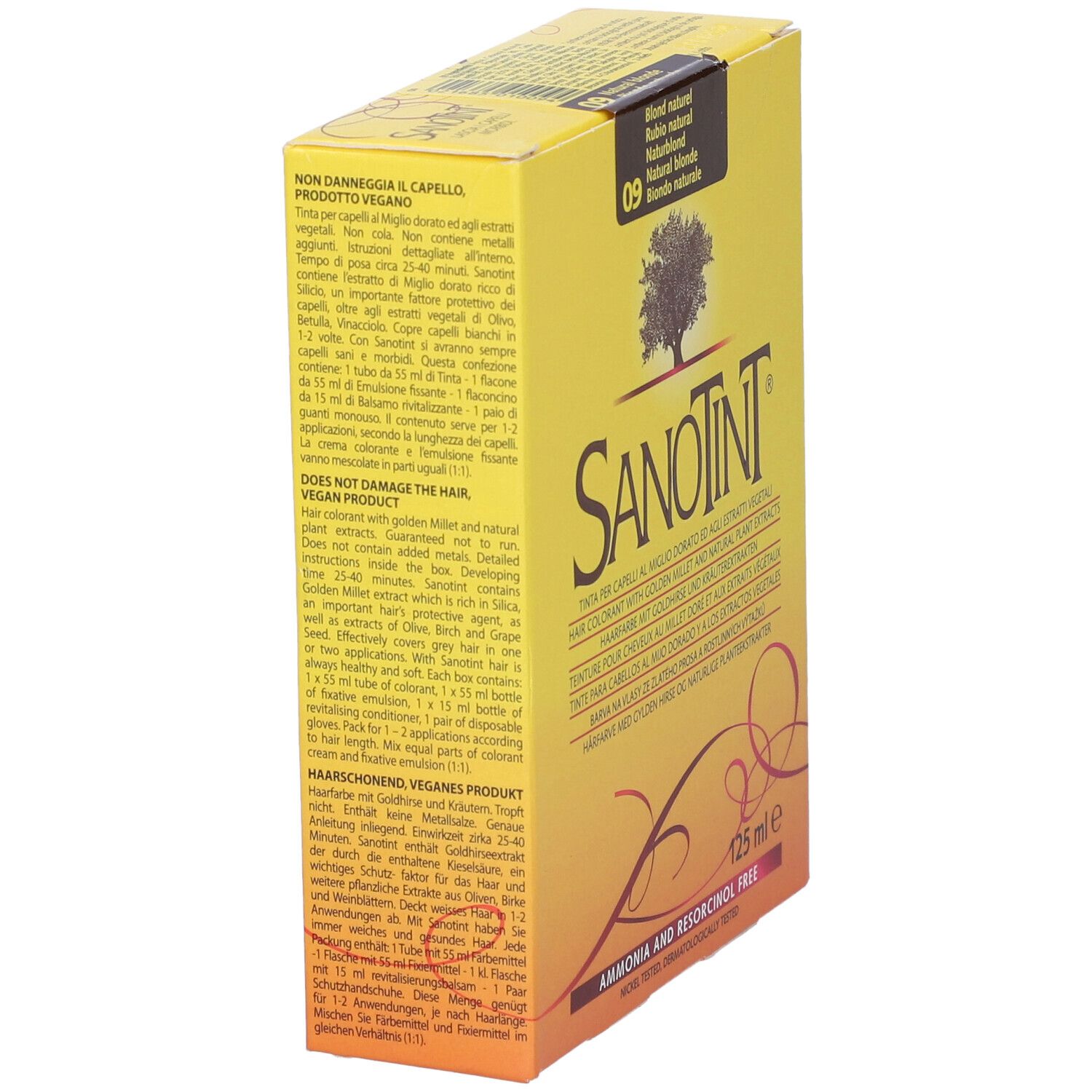 Scatola gialla con logo Sanotint e testo. Scritta: 09 Biondo Naturale. Contiene 125 ml. Vegano.