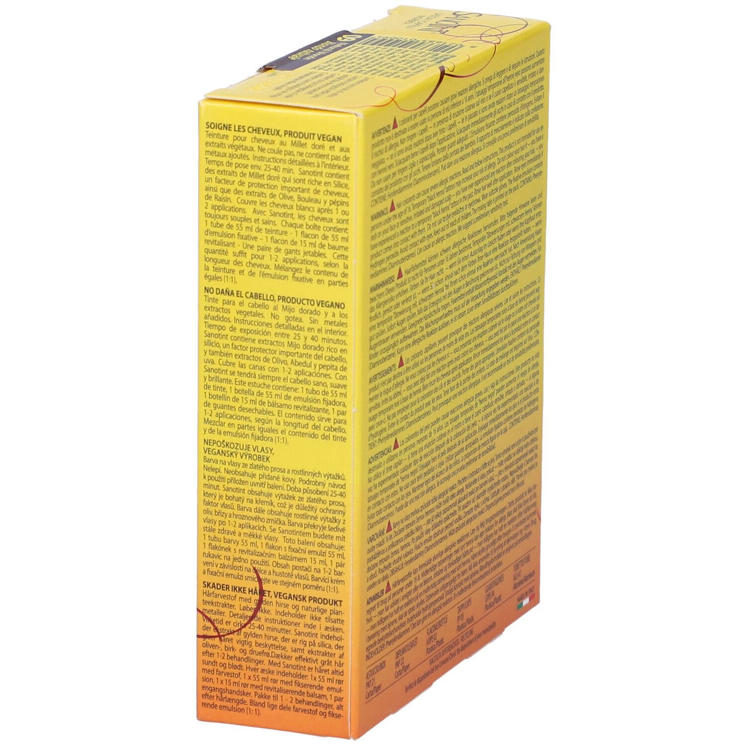 Lato della scatola gialla con testo. Scritta: 09 Biondo Naturale. Vegano. Contiene 125 ml.