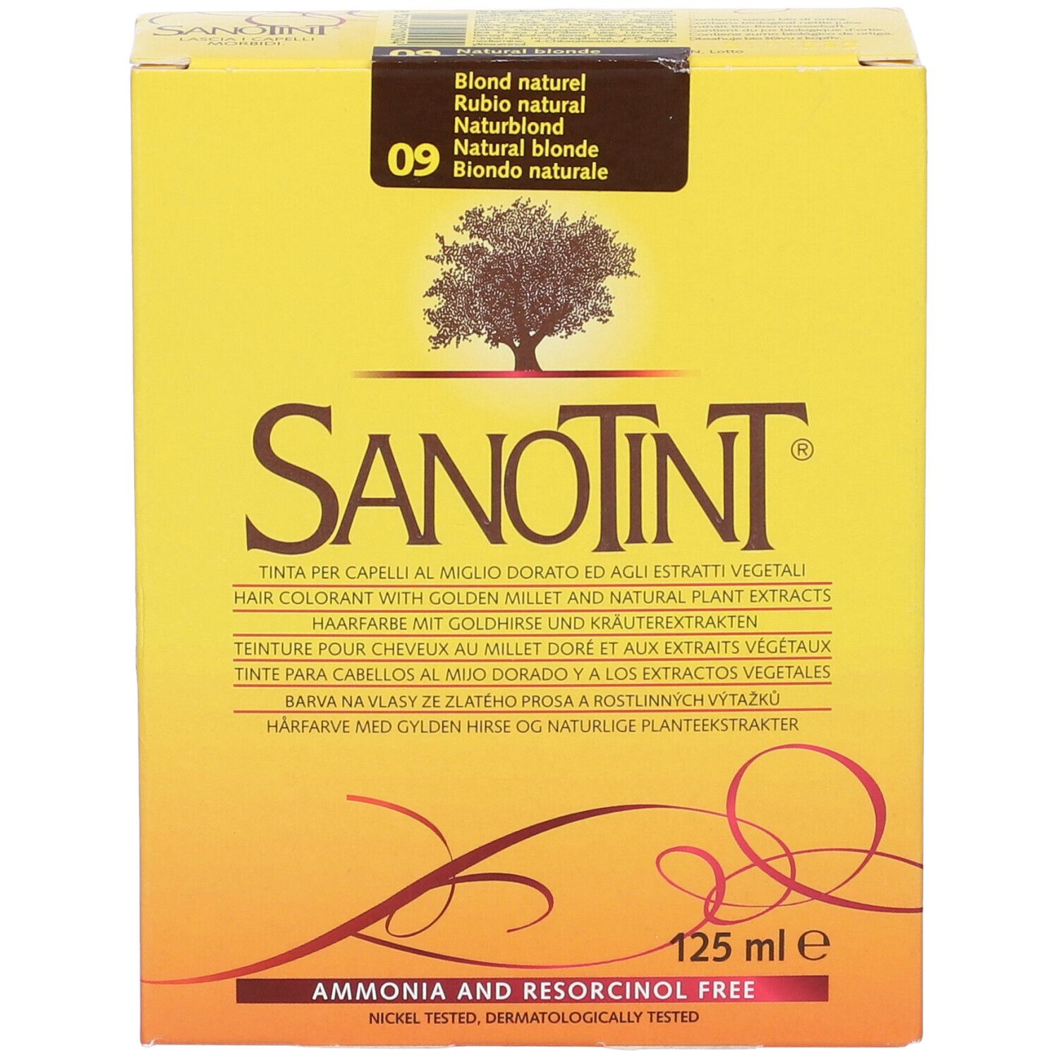 Scatola gialla con logo Sanotint e scritta: 09 Biondo Naturale. Contiene 125 ml. Senza nichel e resorcina.