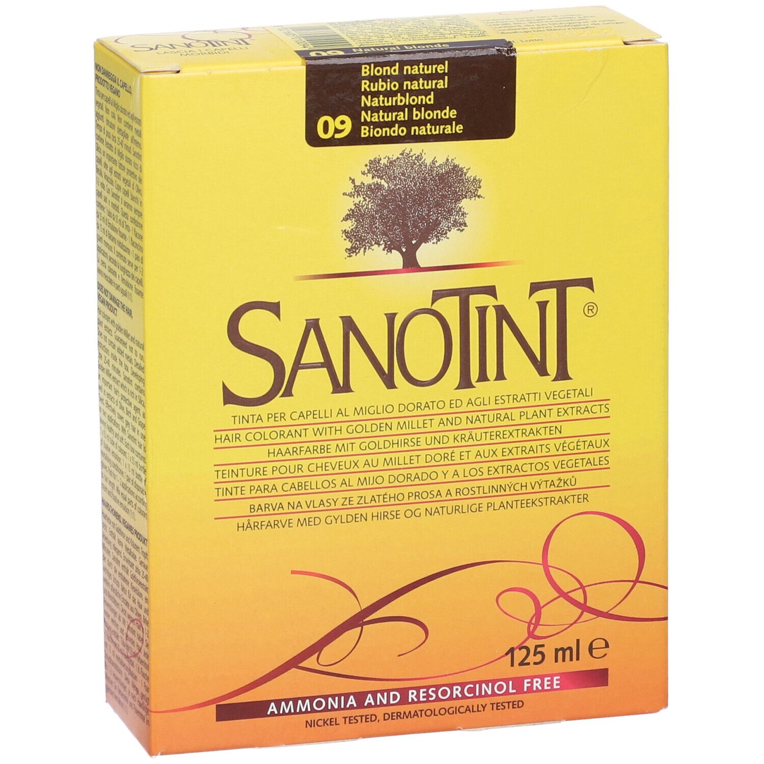 Scatola gialla con logo Sanotint e scritta: 09 Biondo Naturale. Contiene 125 ml. Senza nichel e resorcina.