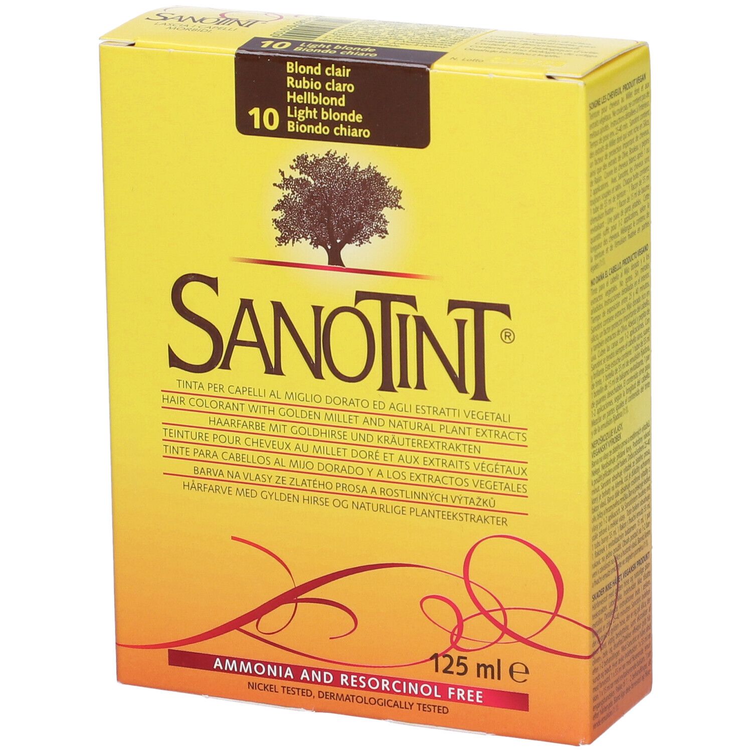 Colorazione per capelli Sanotint, scatola gialla. Nome prodotto, logo albero e tonalità 10. Contiene 125 ml. Senza ammoniaca e resorcina.