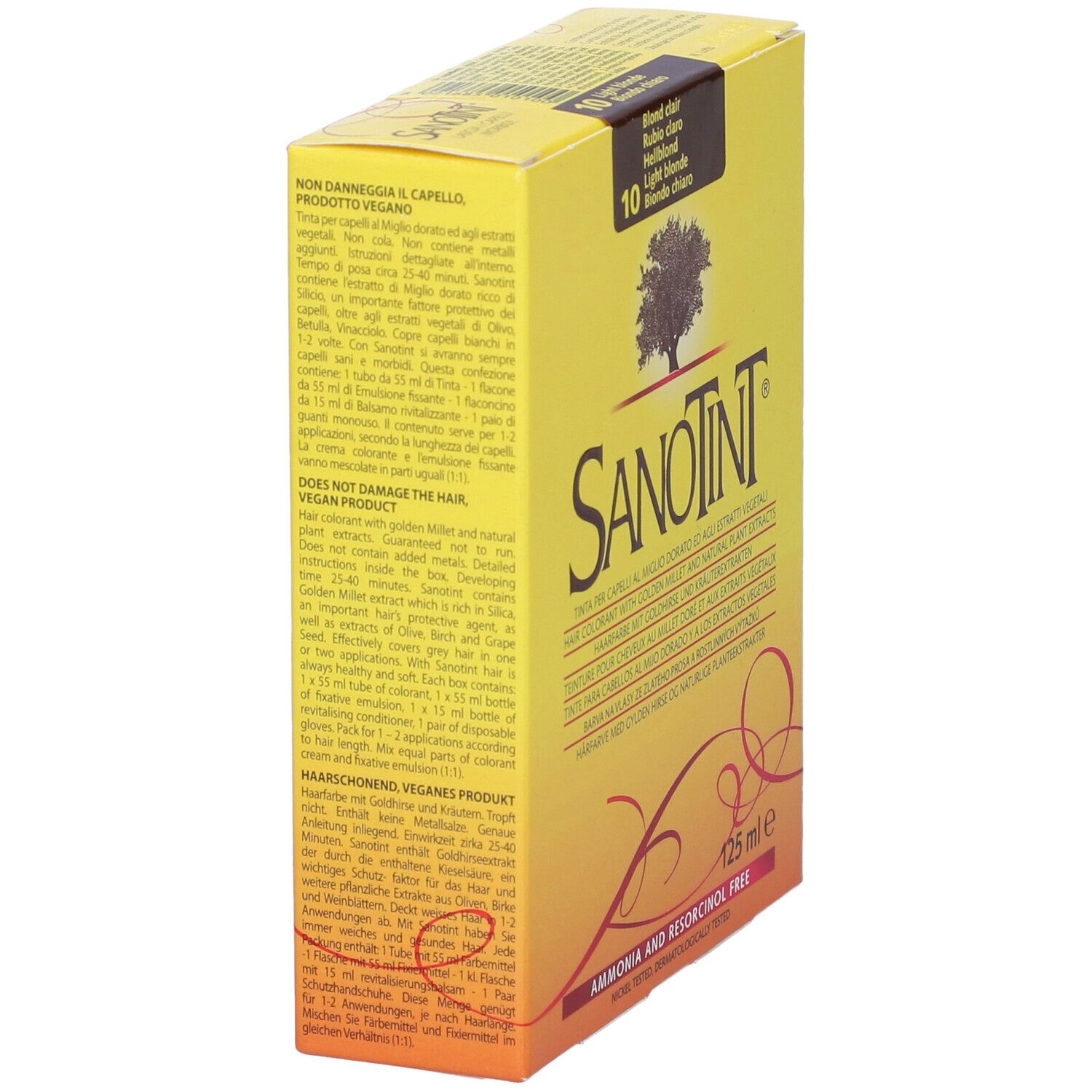 Colorazione per capelli Sanotint, scatola gialla, vista laterale. Nome prodotto, logo albero e tonalità 10. Contiene 125 ml.