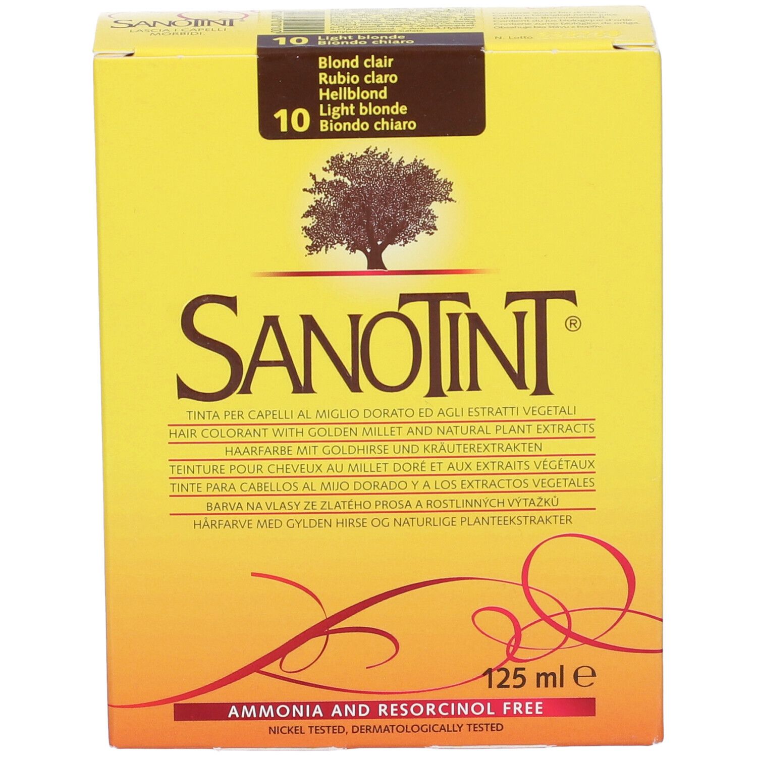 Colorazione per capelli Sanotint, scatola gialla. Nome prodotto, logo albero e tonalità 10. Contiene 125 ml. Senza ammoniaca e resorcina.