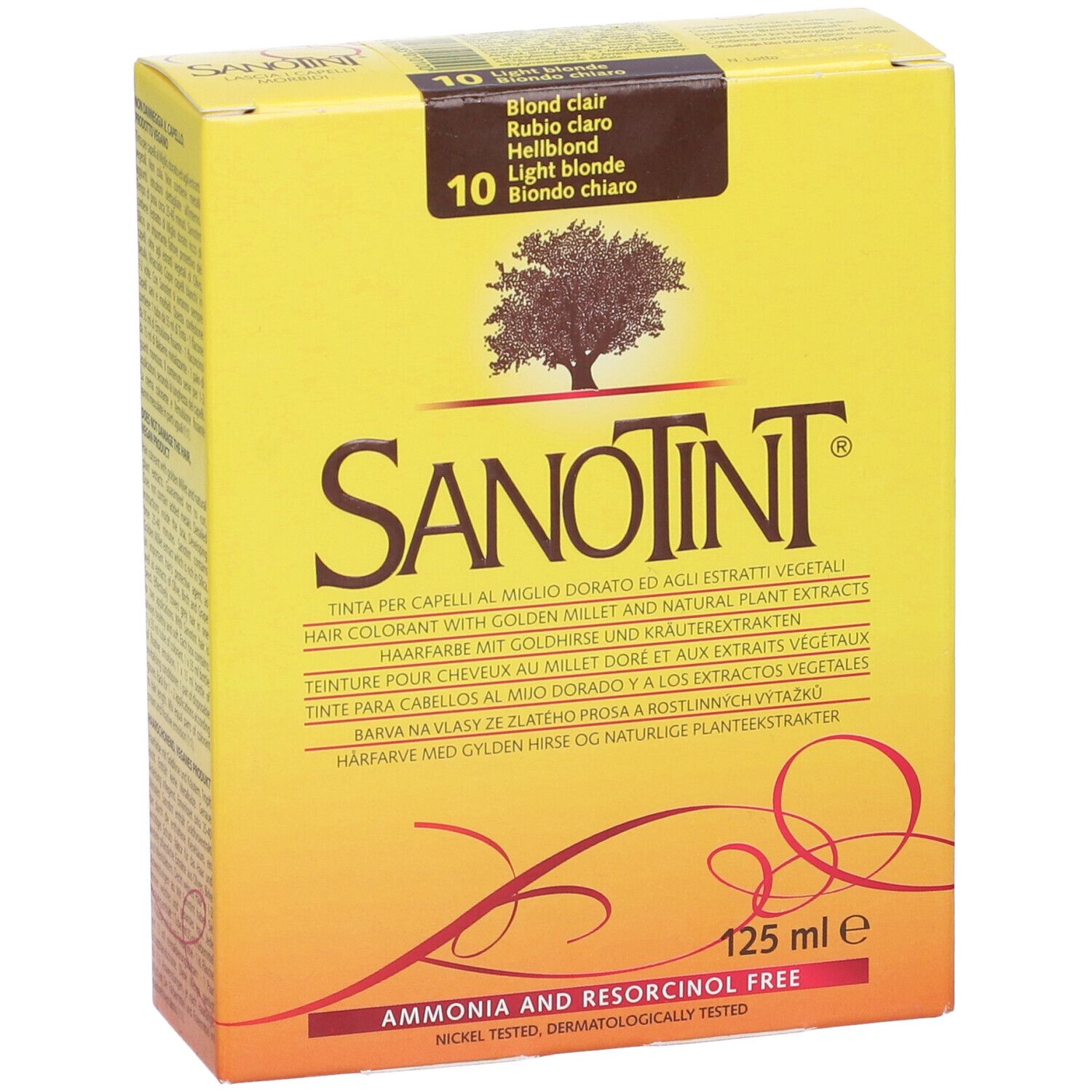 Colorazione per capelli Sanotint, scatola gialla. Nome prodotto, logo albero e tonalità 10. Contiene 125 ml. Senza ammoniaca e resorcina.