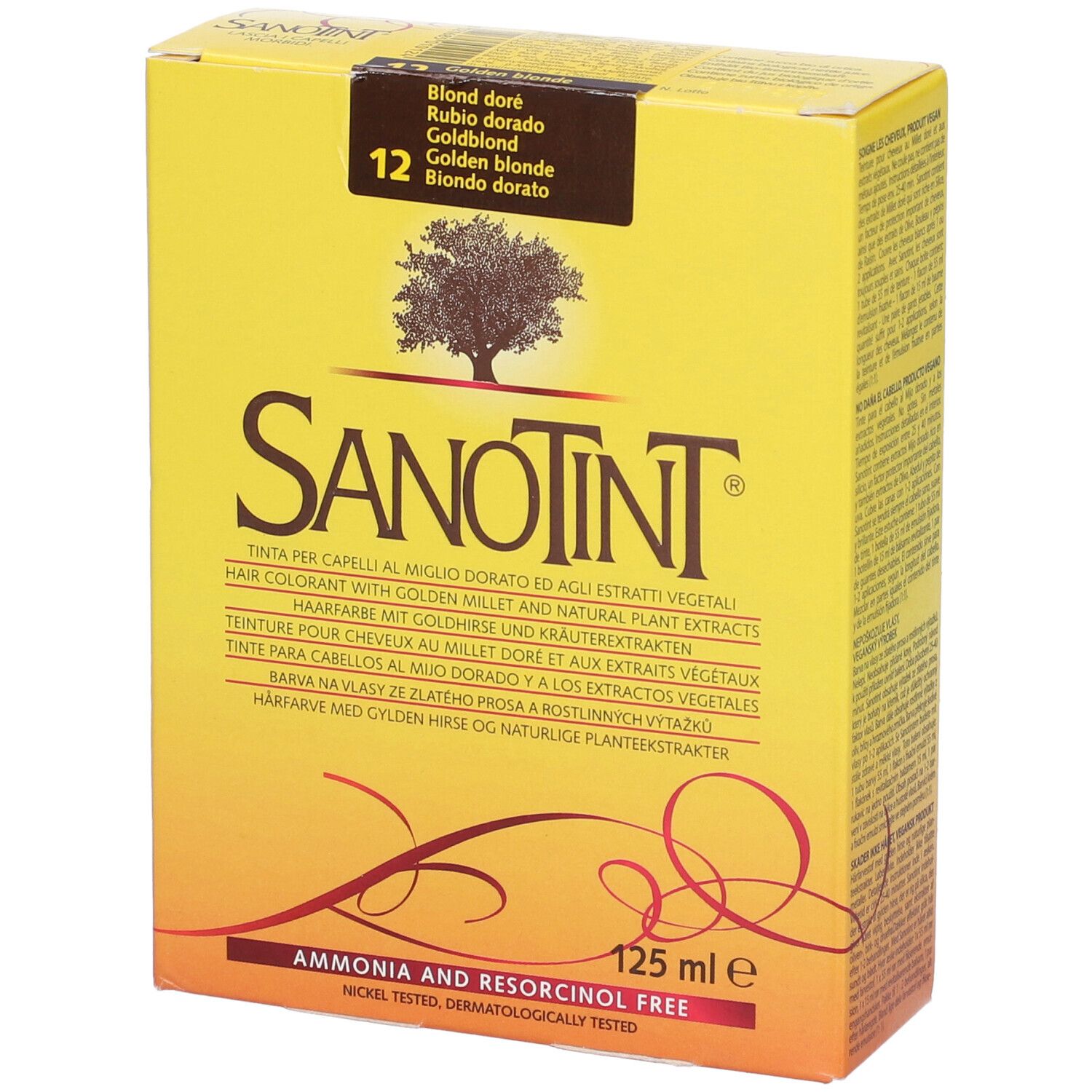 Scatola gialla con logo e testo Sanotint. Contiene 125 ml. Tonalità: Biondo dorato. Senza ammoniaca e resorcina.