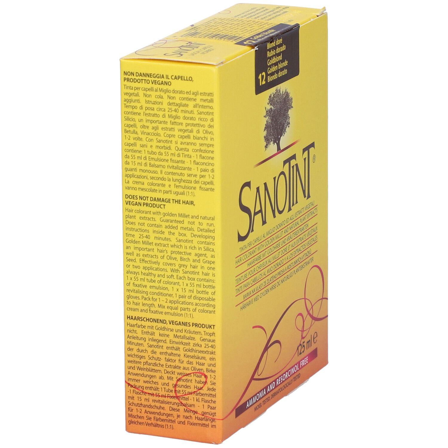 Scatola gialla con logo e testo Sanotint. Contiene 125 ml. Tonalità: Biondo dorato. Senza ammoniaca e resorcina.