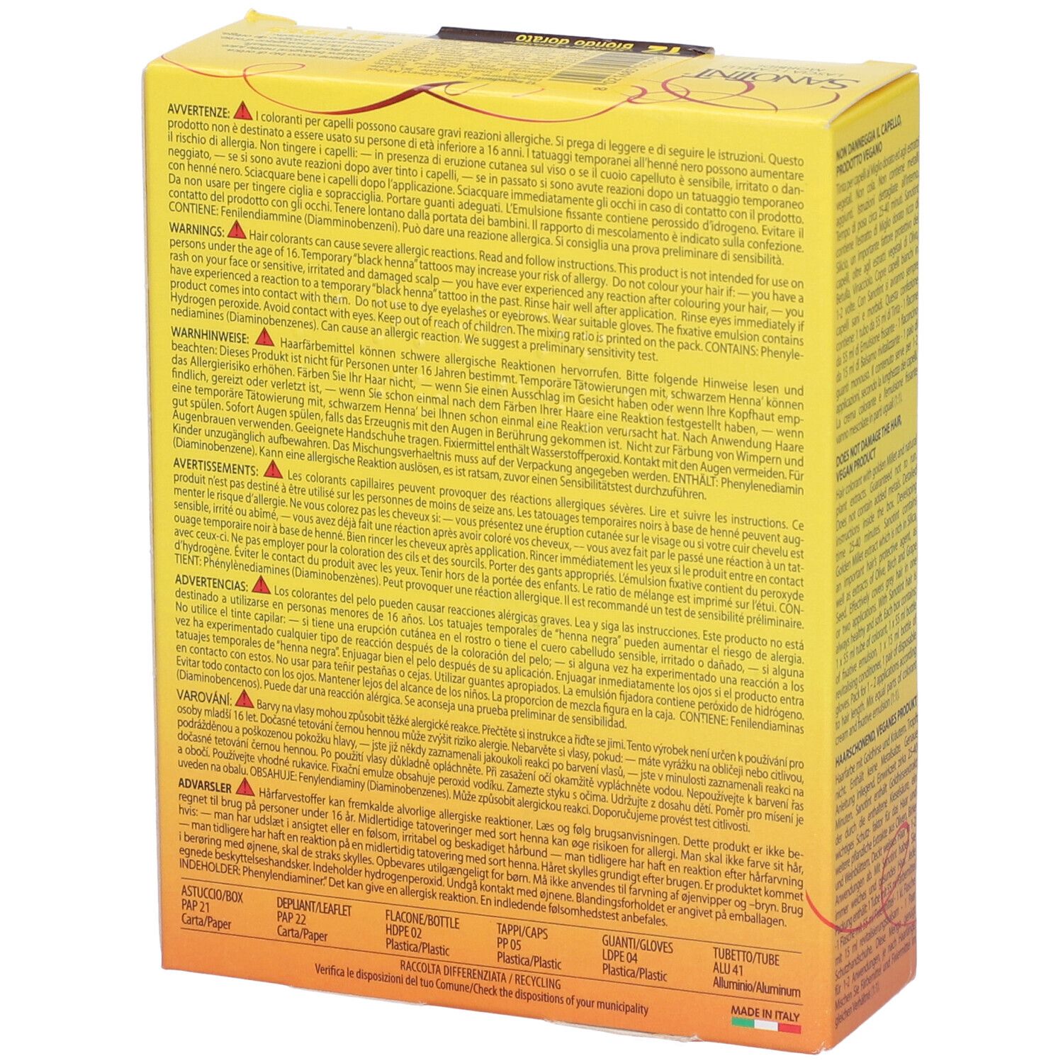 Retro della confezione gialla Sanotint. Testo multilingue. Contiene informazioni sull'uso e avvertenze.