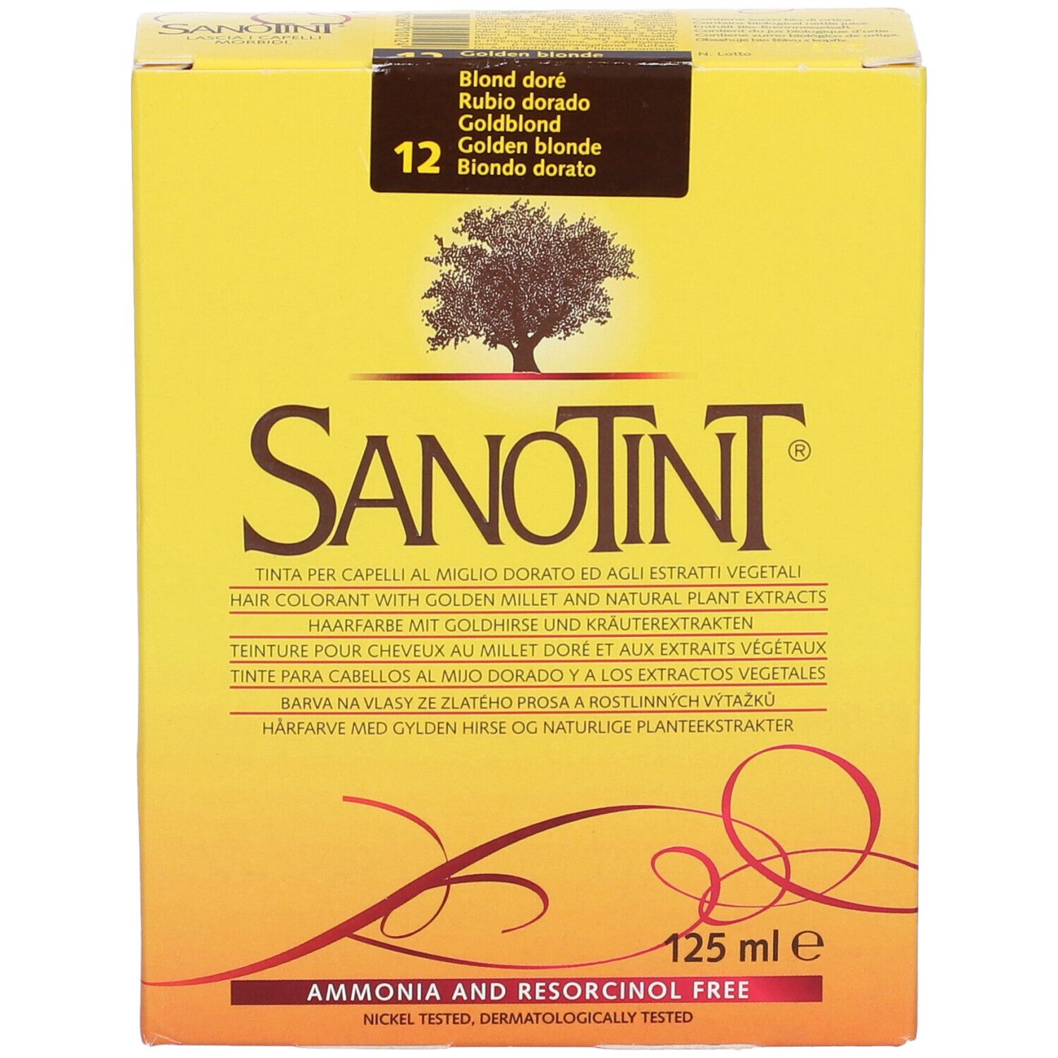 Scatola gialla con logo e testo Sanotint. Contiene 125 ml. Tonalità: Biondo dorato. Senza ammoniaca e resorcina.