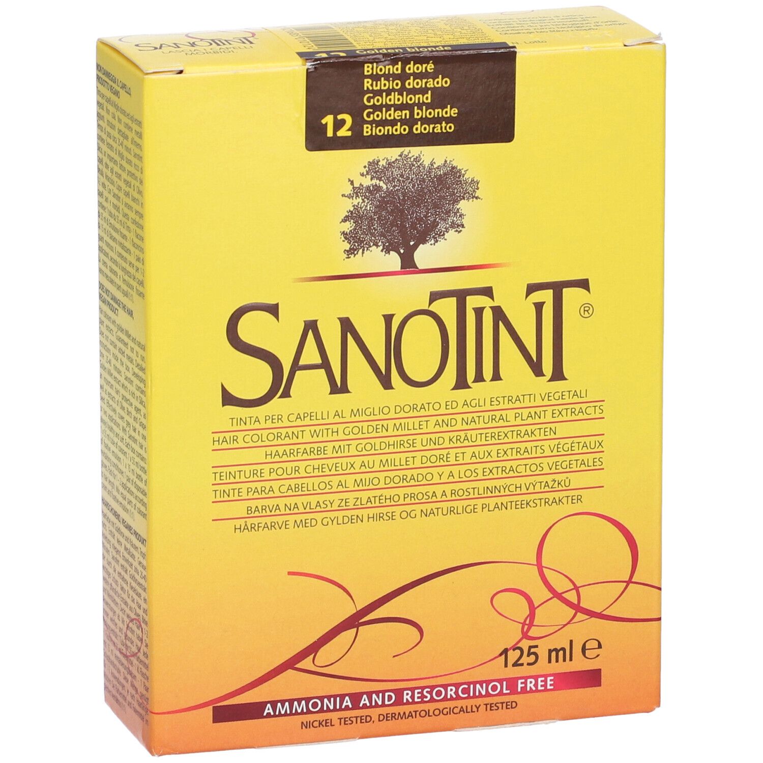 Scatola gialla con logo e testo Sanotint. Contiene 125 ml. Tonalità: Biondo dorato. Senza ammoniaca e resorcina.