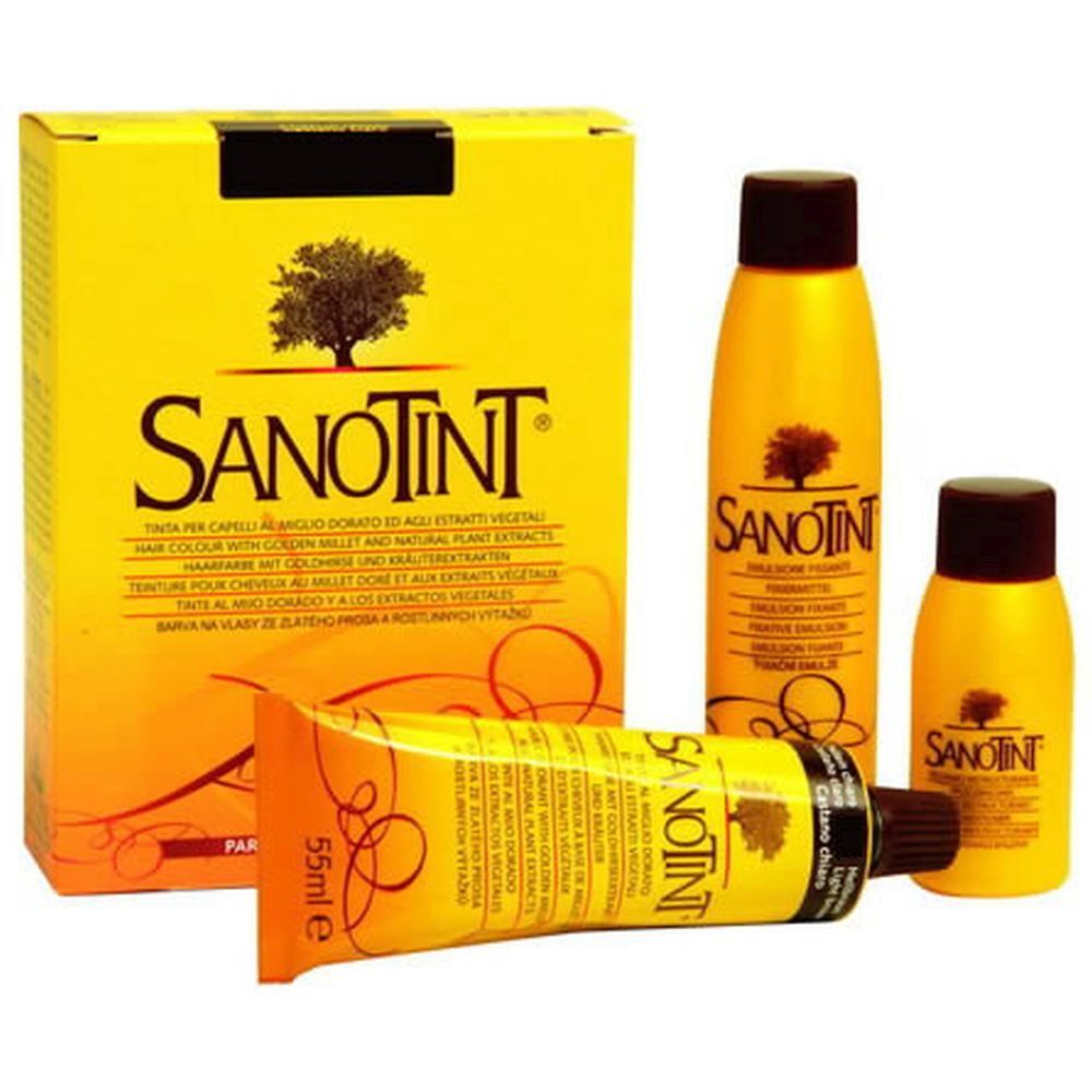 Confezione e flaconi gialli. Scritta Sanotint. Tubo da 55 ml. Tinta per capelli.