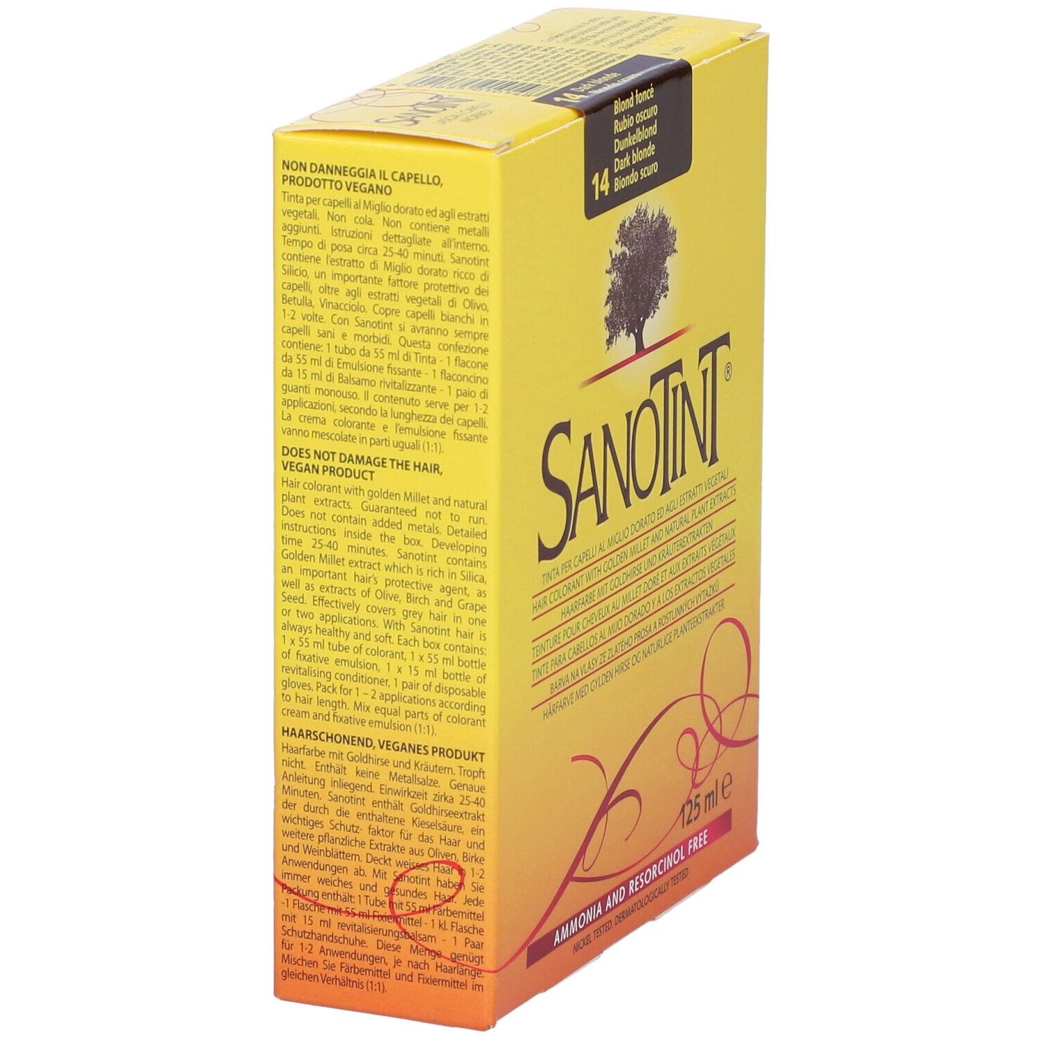 Scatola gialla con scritta Sanotint. Sul lato, Blond foncé, 14. Contiene 125 ml. Scritta: Ammonia and Resorcinol Free.