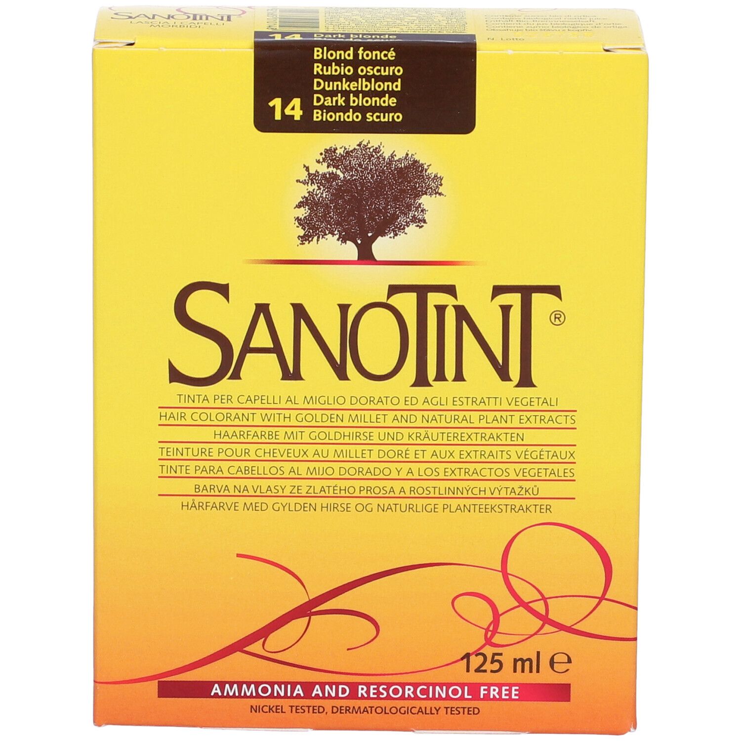 Scatola gialla con scritta Sanotint. In alto, Blond foncé, 14. Contiene 125 ml. Scritta: Ammonia and Resorcinol Free.