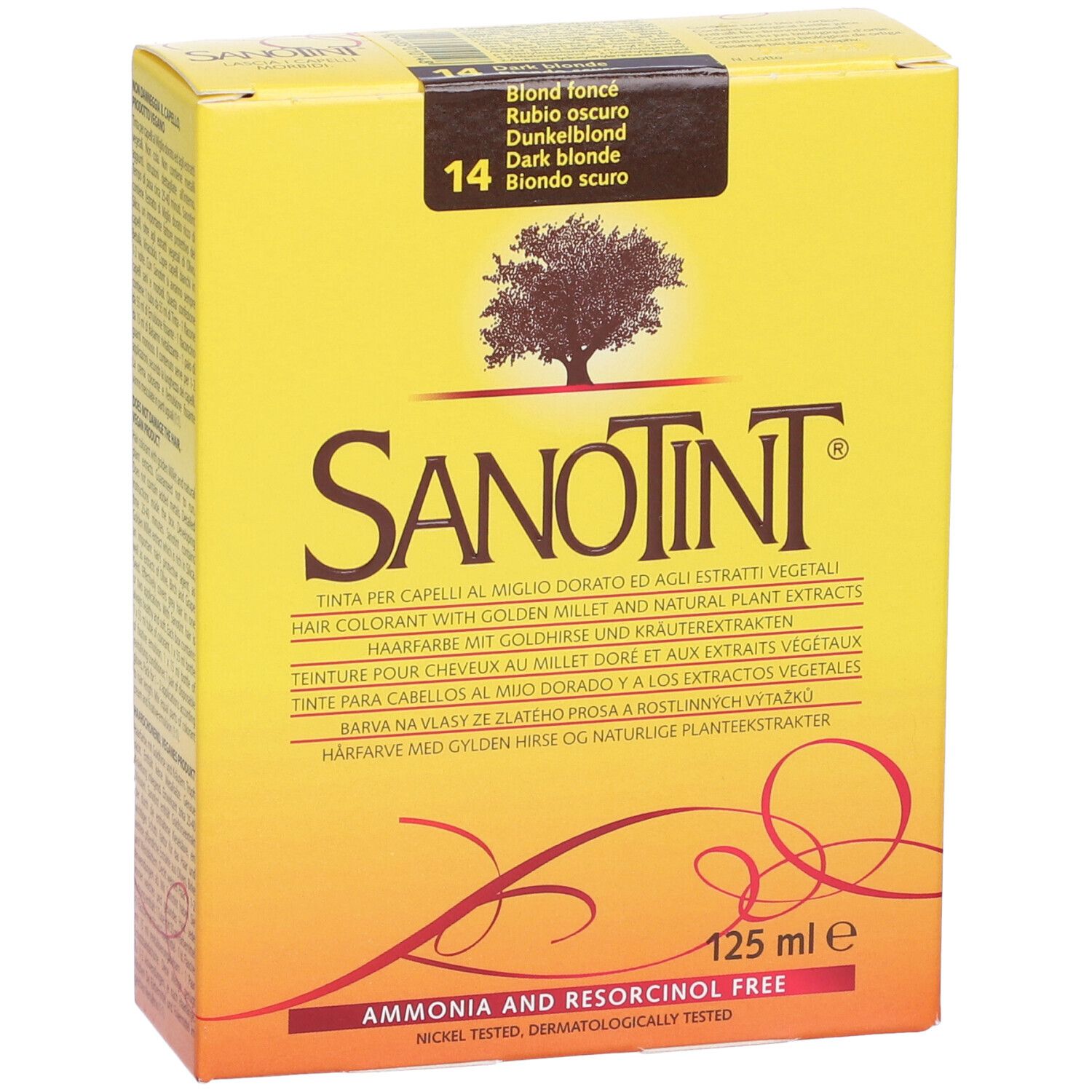 Scatola gialla con scritta Sanotint. In alto, Blond foncé, 14. Contiene 125 ml. Scritta: Ammonia and Resorcinol Free.