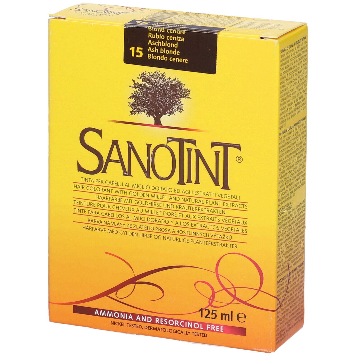 Scatola gialla di colorazione Sanotint. Contiene informazioni sul prodotto e la scritta '15 Biondo Cenere'.