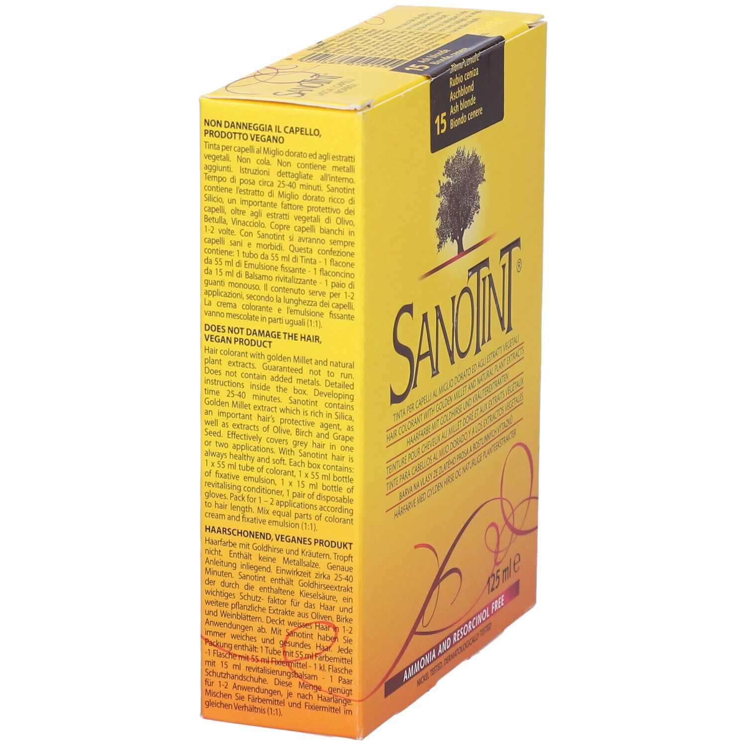 Scatola di colorazione per capelli Sanotint, gialla. Contiene informazioni, testo e la scritta '15 Biondo Cenere'.