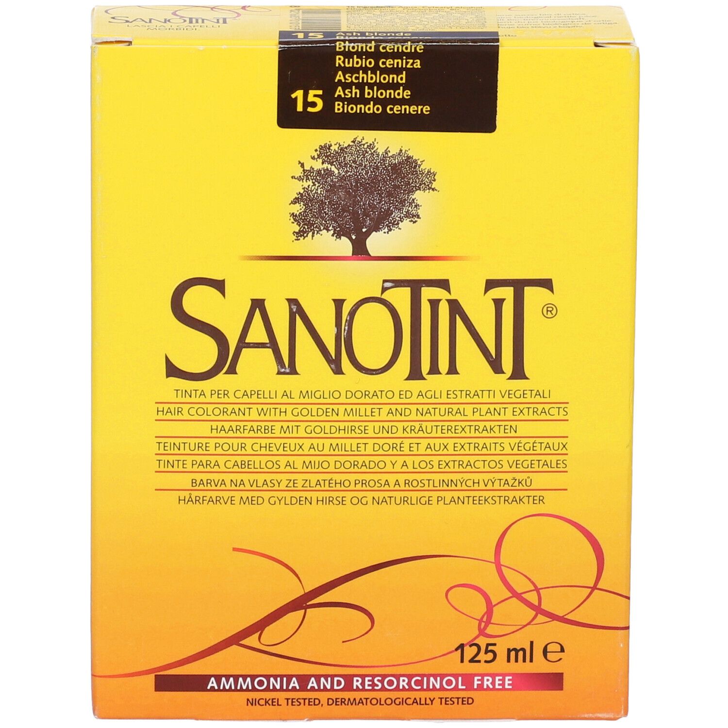Scatola gialla di colorazione Sanotint. Contiene informazioni sul prodotto e la scritta '15 Biondo Cenere'.