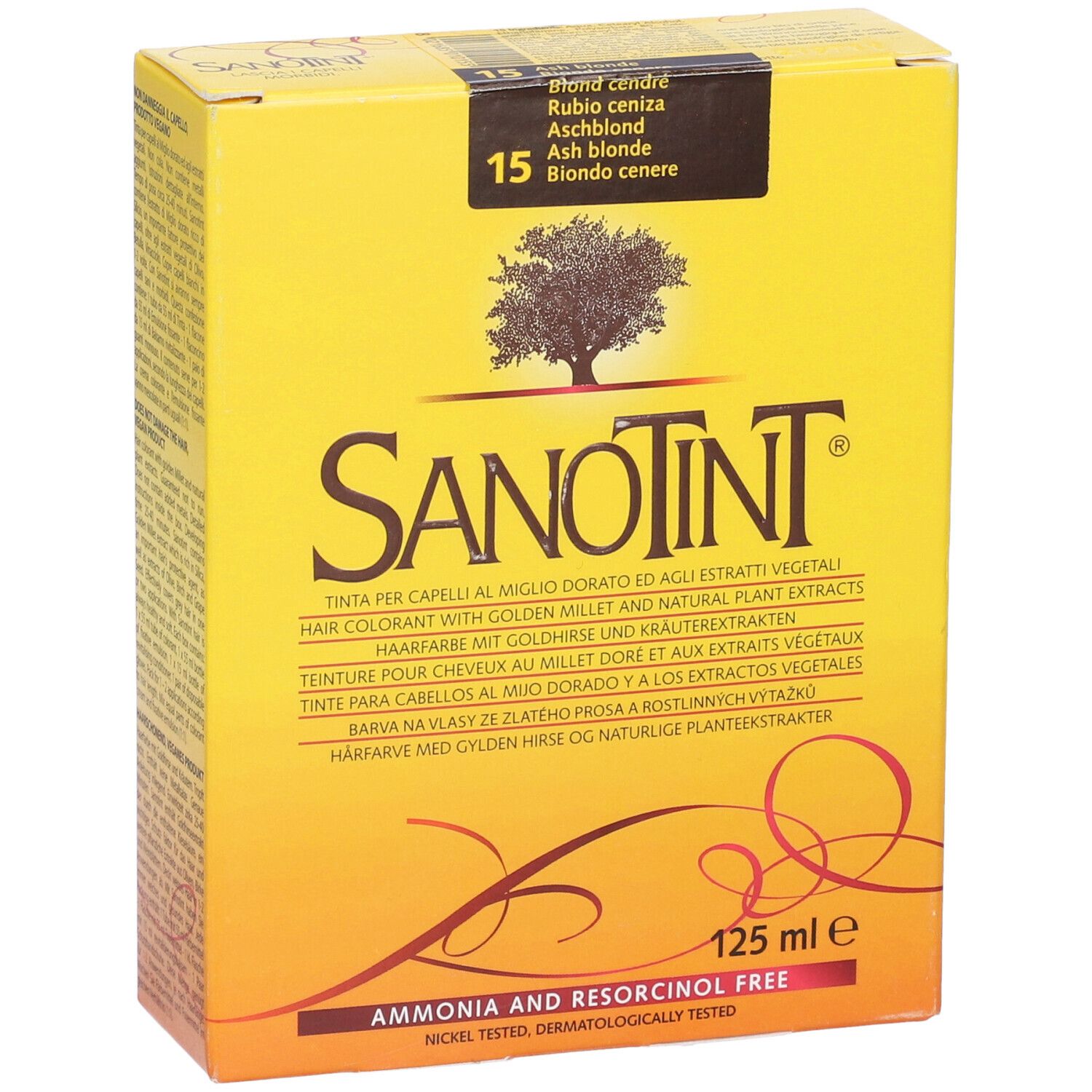 Scatola gialla di colorazione Sanotint. Contiene informazioni sul prodotto e la scritta '15 Biondo Cenere'.