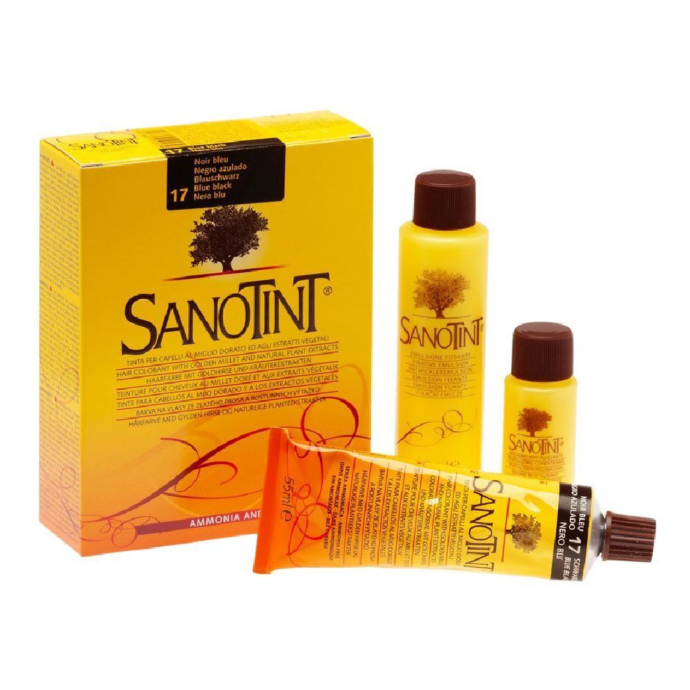 Colorazione per capelli Sanotint, flaconi e tubo. Confezione gialla con nome e logo albero. Contiene 17 Nero Blu.