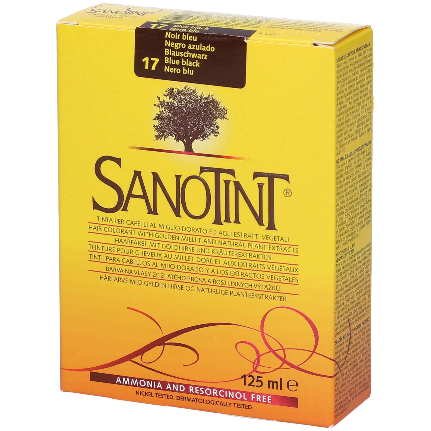 Scatola gialla di colorazione Sanotint. Contiene 17 Nero Blu. Nome del prodotto e logo albero. Testo multilingue. 125 ml.