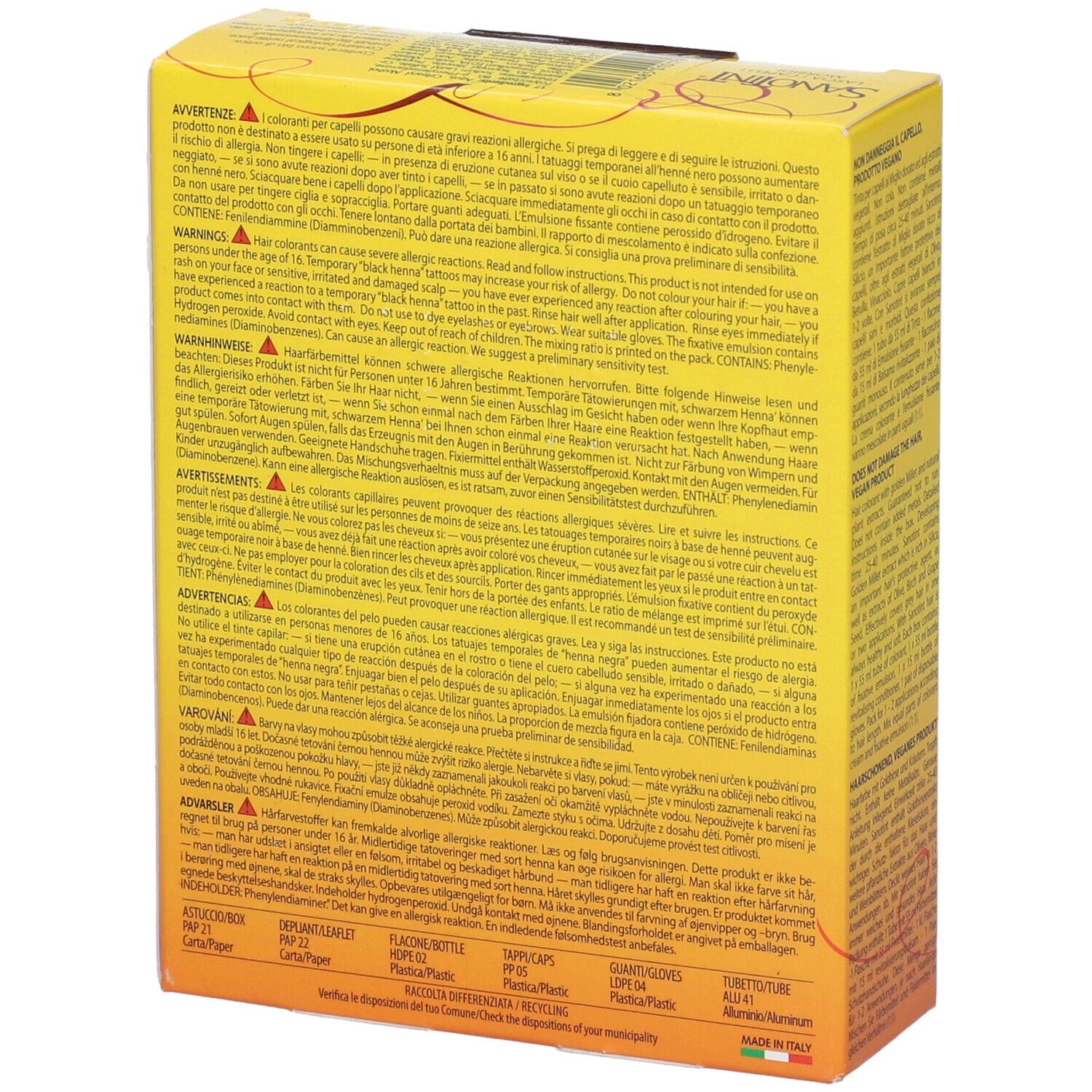 Retro della scatola di colorazione Sanotint. Giallo con testo multilingue. Contiene avvertenze e ingredienti.