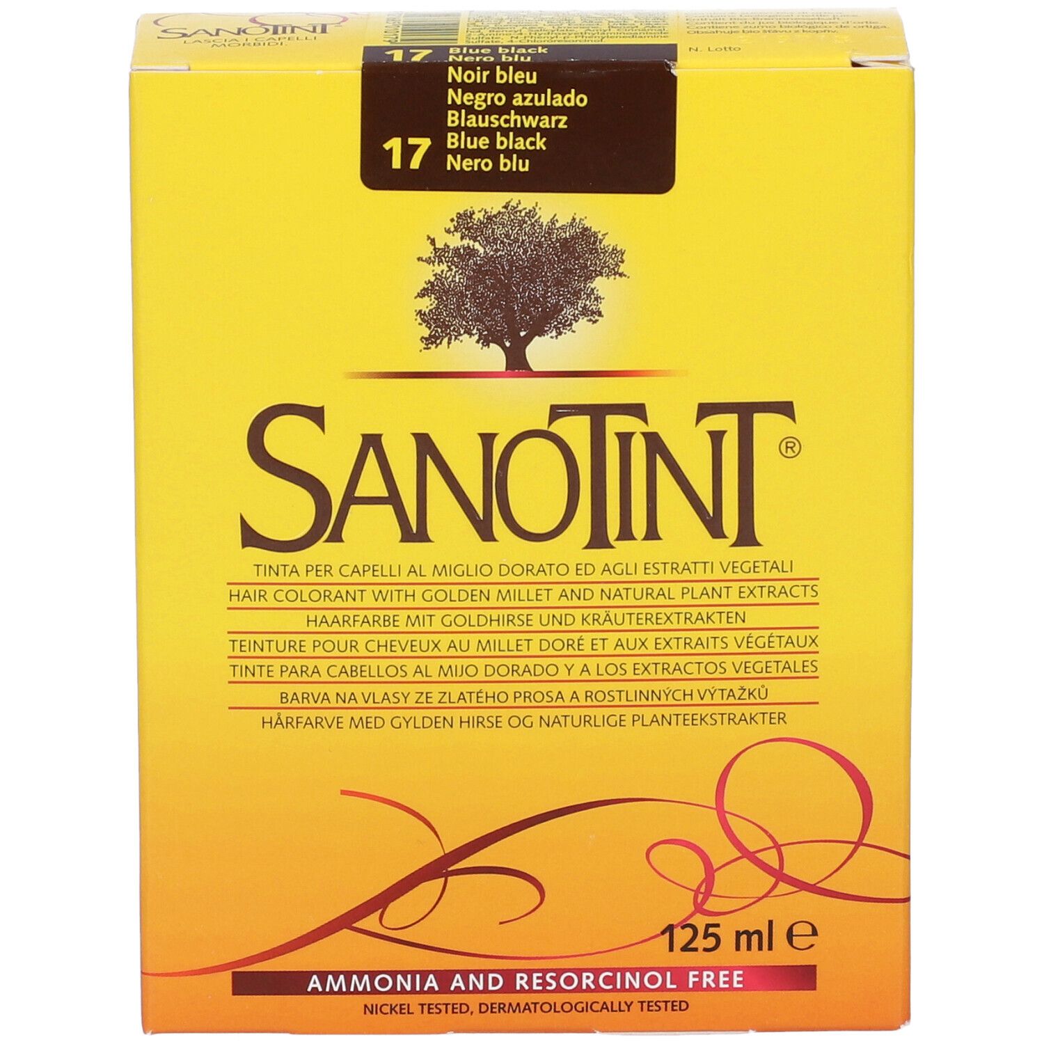 Scatola di colorazione Sanotint. Gialla con nome, logo albero e testo. Contiene 17 Nero Blu. 125 ml.