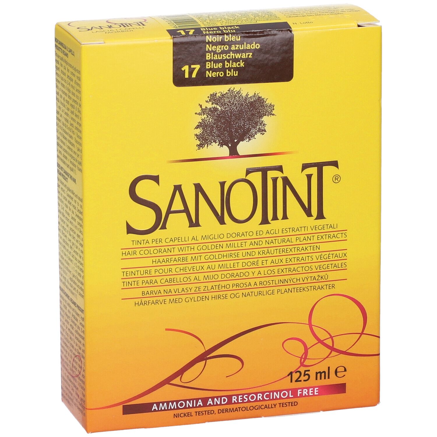 Scatola di colorazione Sanotint. Gialla con nome, logo albero e testo. Contiene 17 Nero Blu. 125 ml.