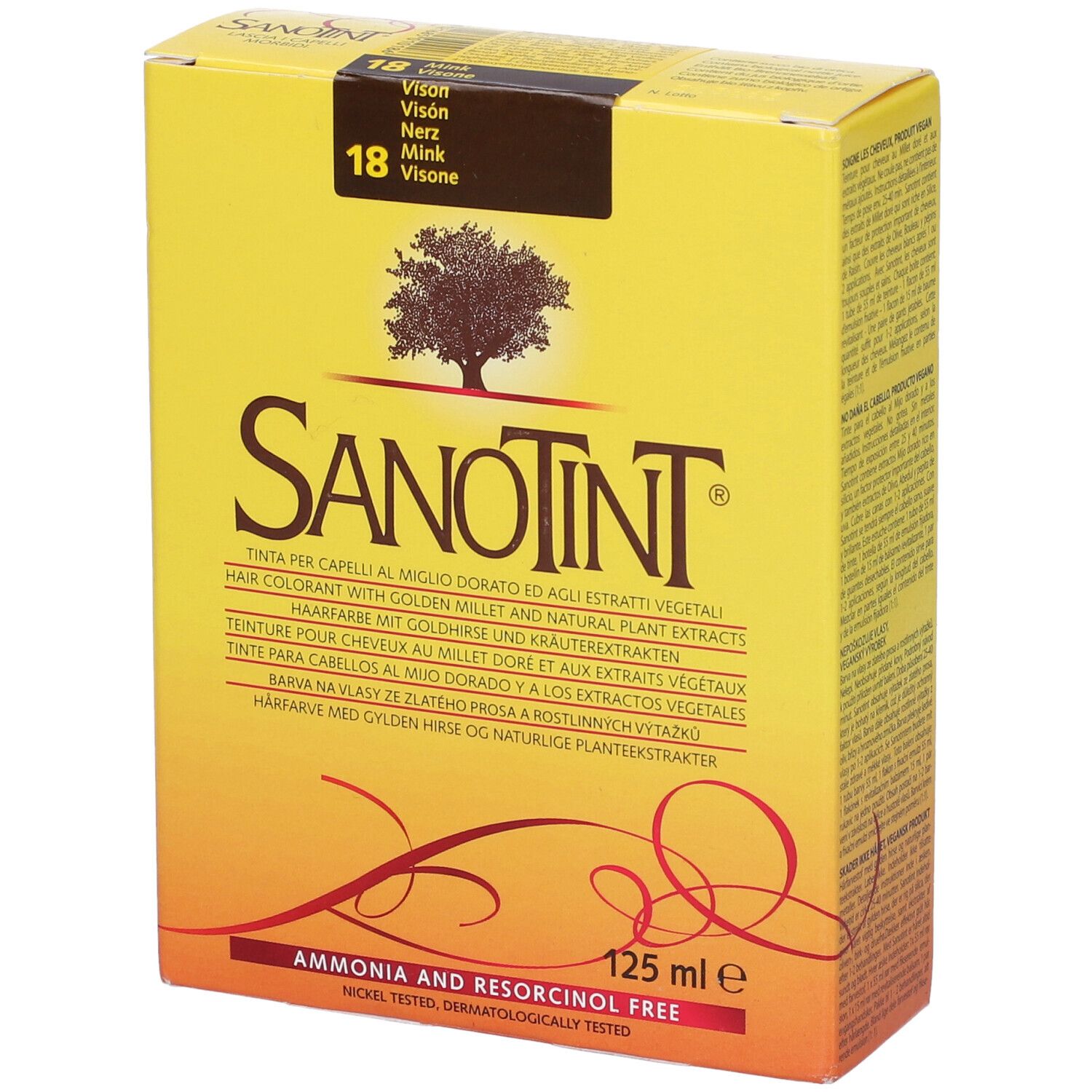 Scatola gialla con scritta Sanotint. Testo: Tinta per capelli, 125 ml, senza ammoniaca e resorcina.