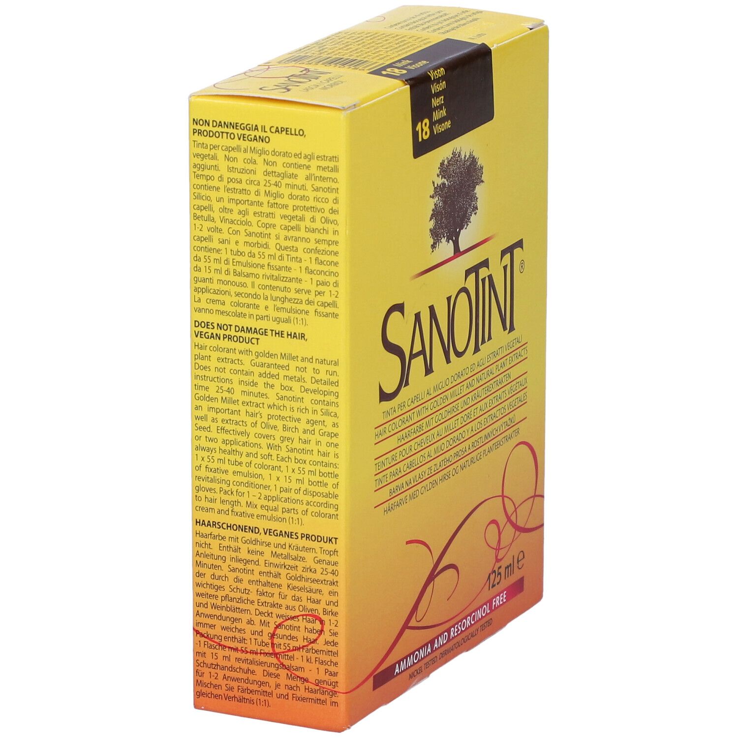 Scatola gialla con testo. Scritto: Sanotint, 125 ml. Contiene informazioni sul prodotto.