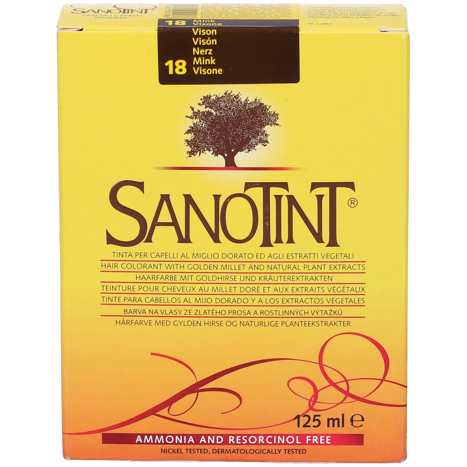 Scatola gialla con scritta Sanotint. Testo: Tinta per capelli, 125 ml, senza ammoniaca e resorcina.