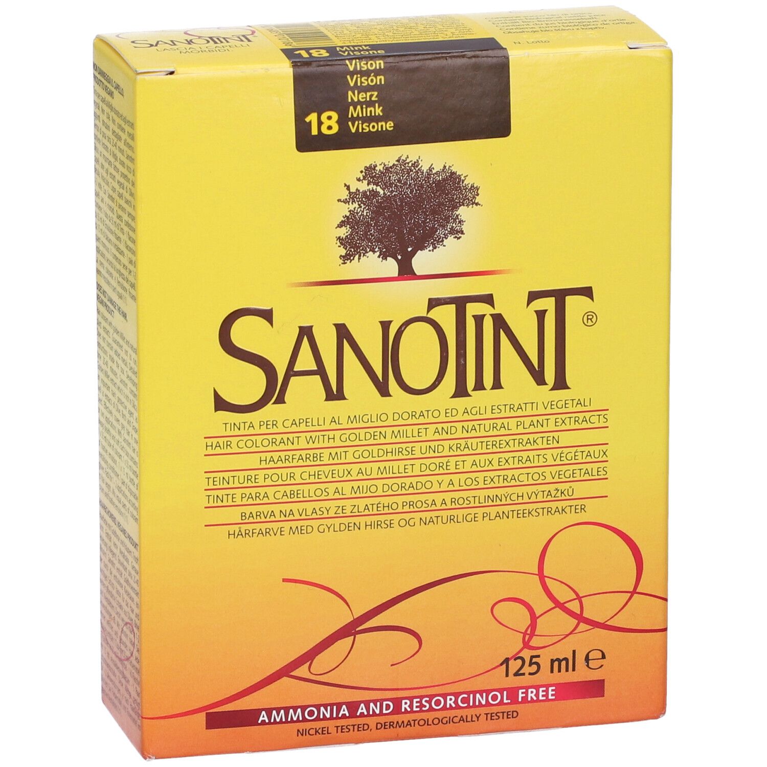 Scatola gialla con scritta Sanotint. Testo: Tinta per capelli, 125 ml, senza ammoniaca e resorcina.