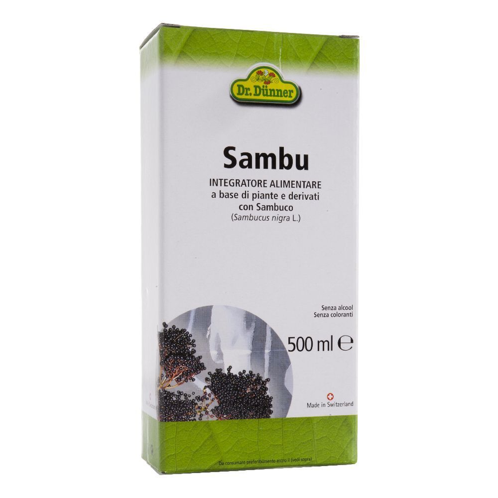 Scatola con etichetta prodotto. Scritto: Sambu, Integratore alimentare. 500 ml. Senza alcool, senza coloranti.