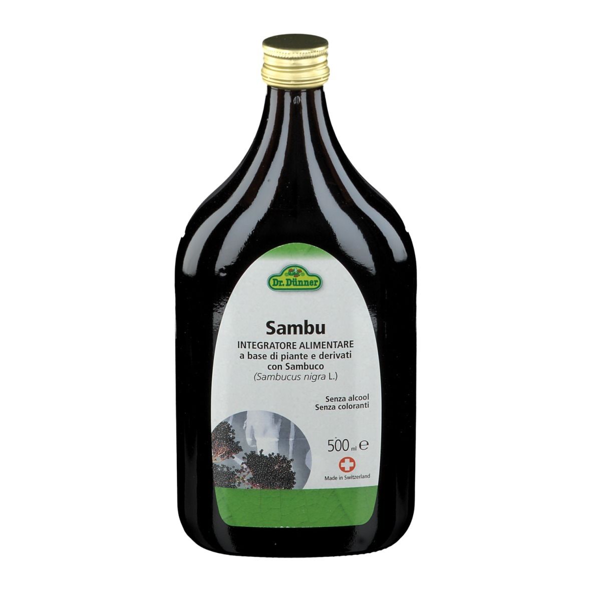 Bottiglia di vetro marrone con tappo dorato. Etichetta con nome prodotto Sambu. 500 ml. Senza alcool, senza coloranti.