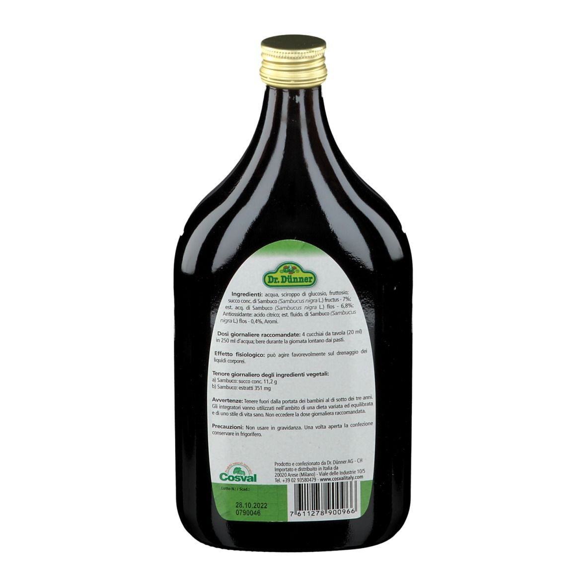 Retro della bottiglia di vetro marrone. Etichetta con ingredienti, raccomandazioni di dosaggio e altre informazioni.