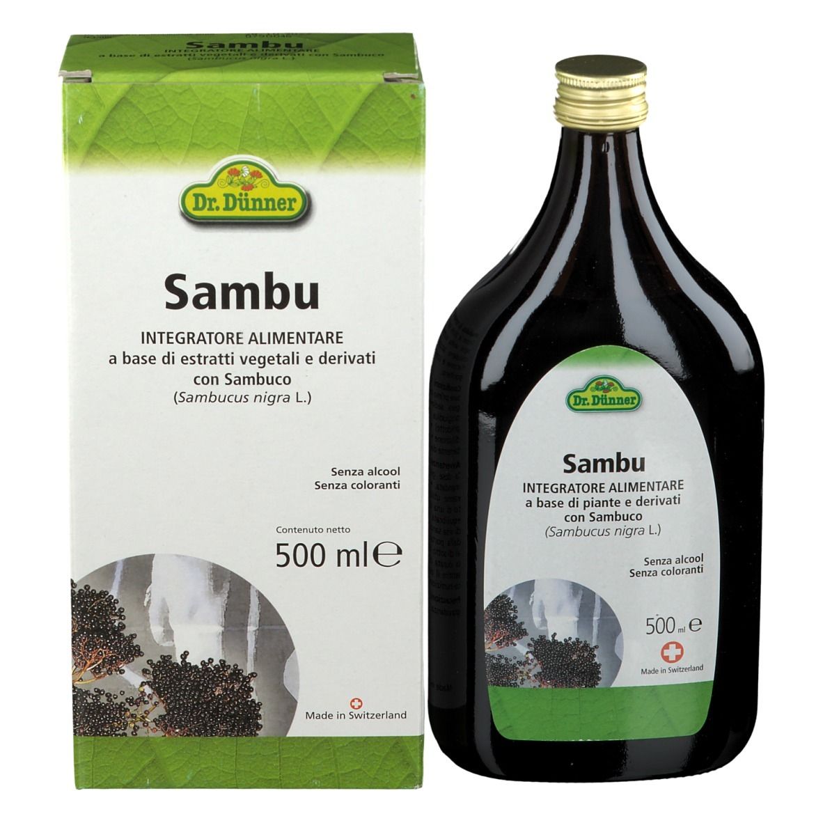 Prodotto e confezione. Bottiglia di vetro marrone e scatola. Scritto: Sambu, Integratore alimentare. 500 ml.