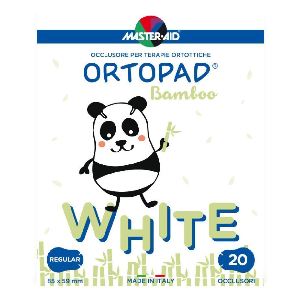 Confezione di cerotti oculari bianchi. Panda, scritta ORTOPAD Bamboo White, 20 pezzi, 85x59 mm.