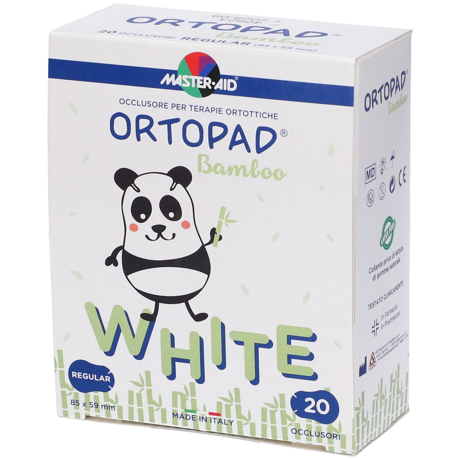 Scatola di cerotti oculari. Panda, scritta ORTOPAD Bamboo White, 20 pezzi.