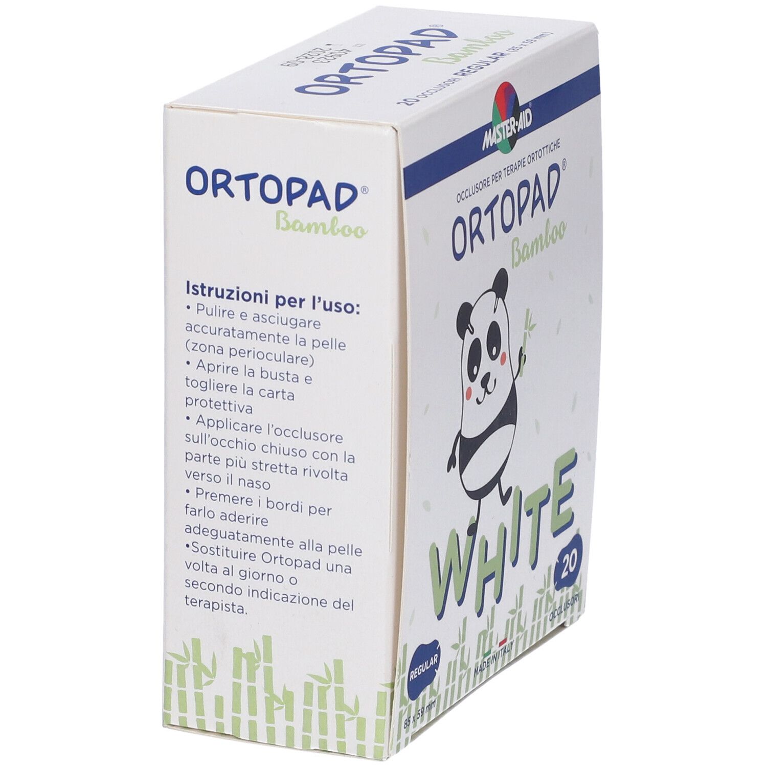 Scatola di cerotti oculari. Panda, scritta ORTOPAD Bamboo White, 20 pezzi. Lato con istruzioni per l'uso.