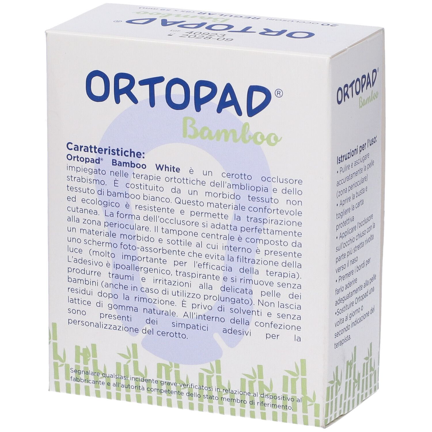 Scatola di cerotti oculari. Panda, scritta ORTOPAD Bamboo White, 20 pezzi. Lato con descrizione del prodotto.