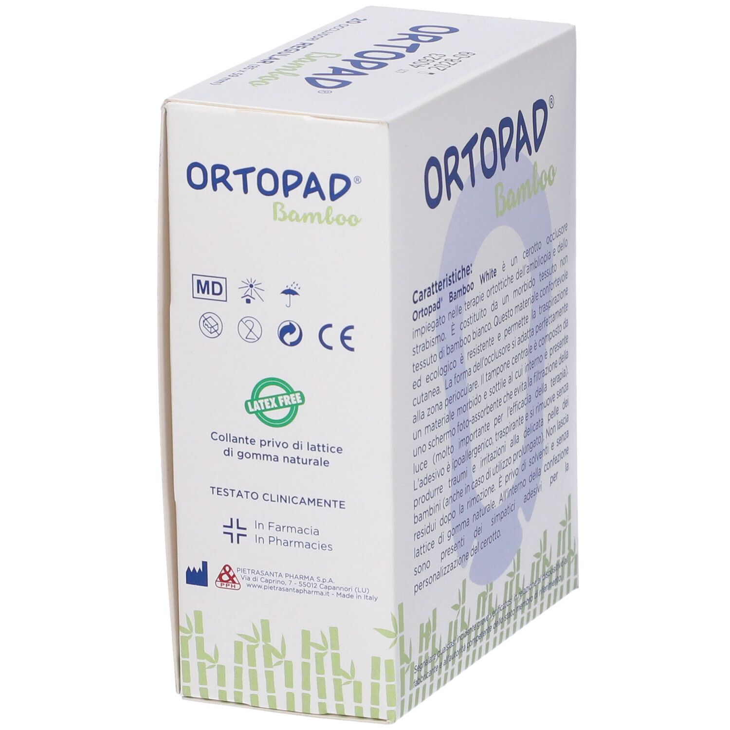 Scatola di cerotti oculari. Panda, scritta ORTOPAD Bamboo White, 20 pezzi. Lato con simboli e certificazioni.