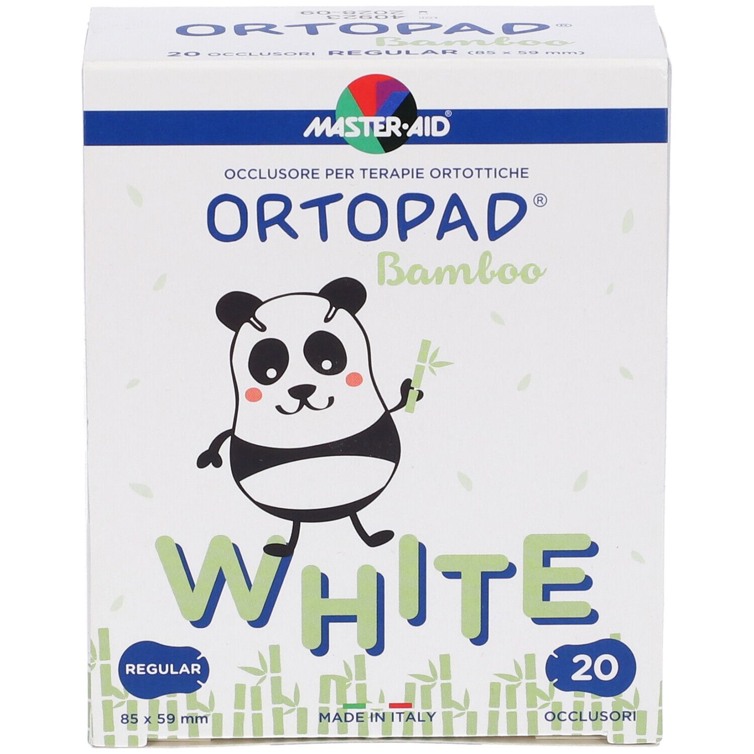 Scatola di cerotti oculari. Panda, scritta ORTOPAD Bamboo White, 20 pezzi, 85x59 mm.