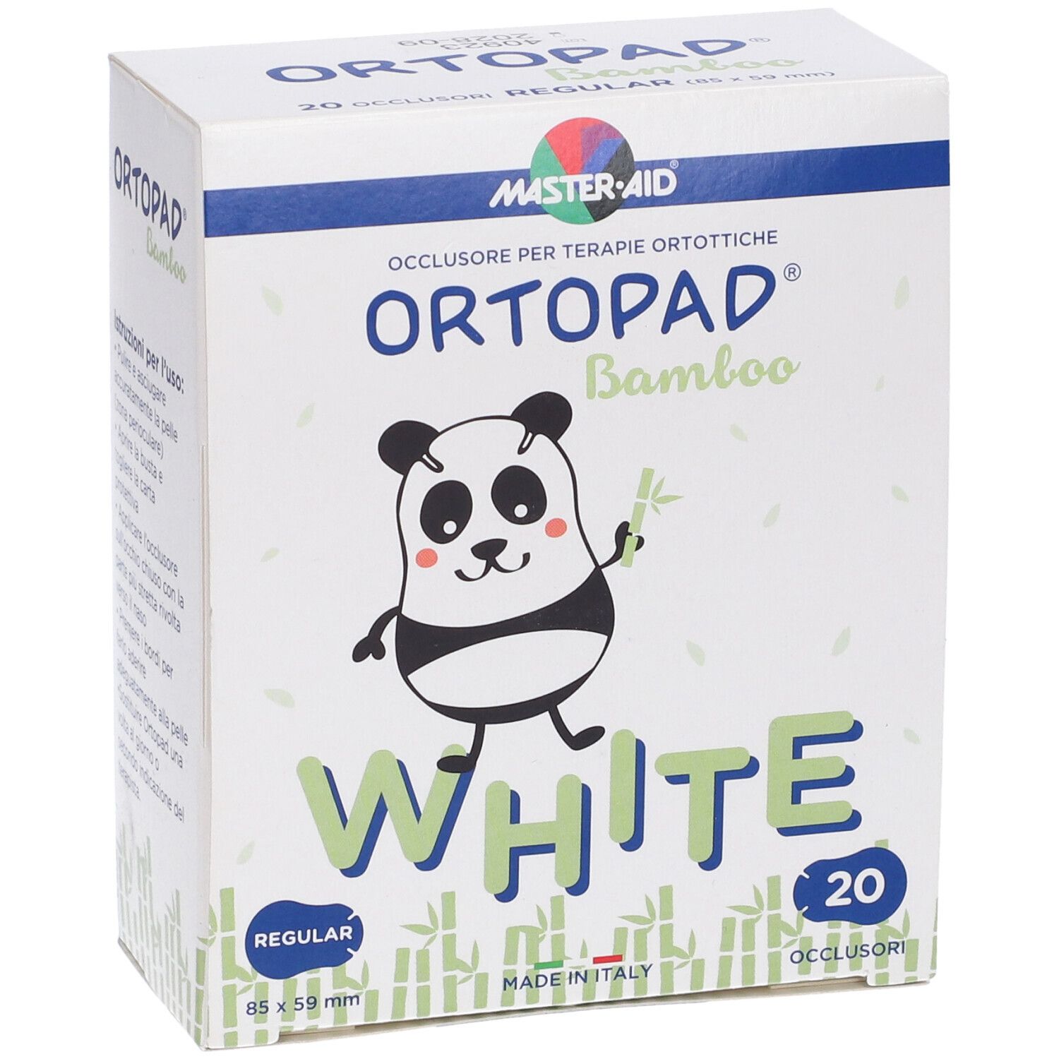 Scatola di cerotti oculari. Panda, scritta ORTOPAD Bamboo White, 20 pezzi, 85x59 mm.