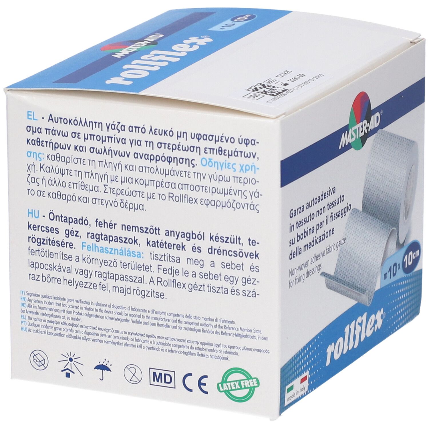 Verpackung von Master-Aid Rollflex. Enthält eine Rolle nicht gewebter, selbstklebender Gaze. Text in mehreren Sprachen.
