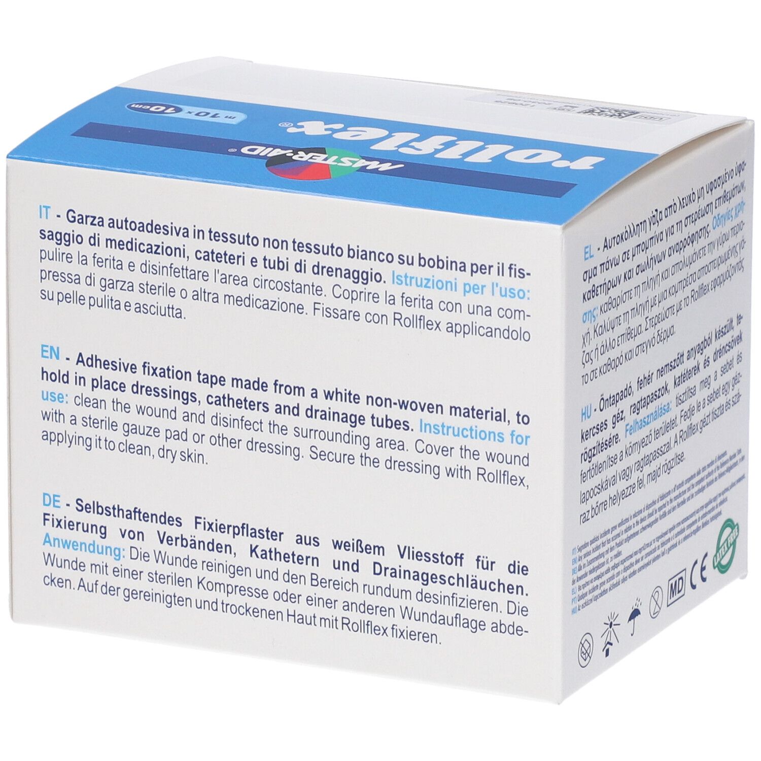 Verpackung von Master-Aid Rollflex. Enthält eine Rolle nicht gewebter, selbstklebender Gaze. Text in mehreren Sprachen.
