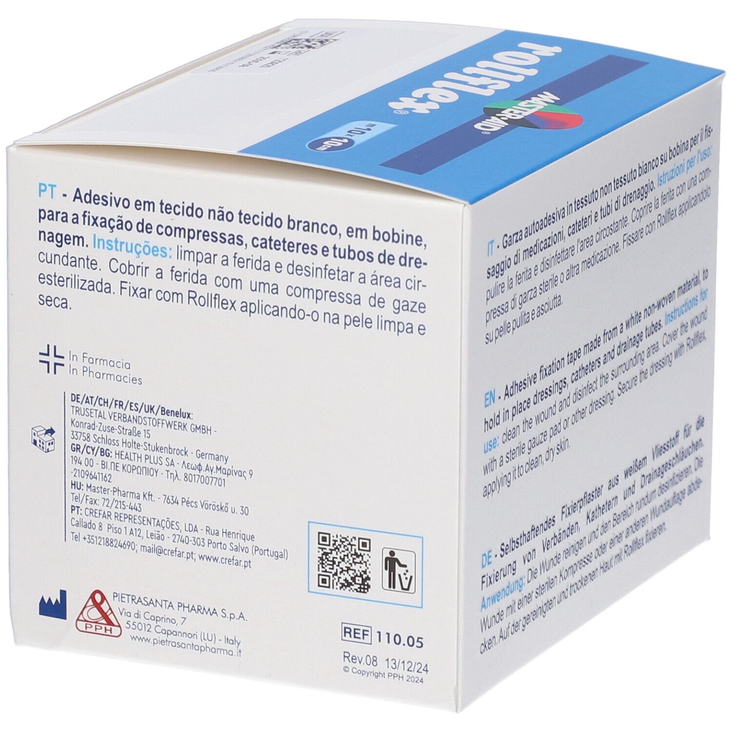 Verpackung von Master-Aid Rollflex. Enthält eine Rolle nicht gewebter, selbstklebender Gaze. Text in mehreren Sprachen.