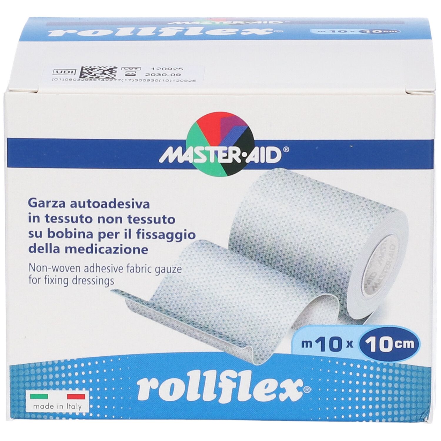 Verpackung von Master-Aid Rollflex. Enthält eine Rolle nicht gewebter, selbstklebender Gaze. Abmessungen: 10cm x 10m.