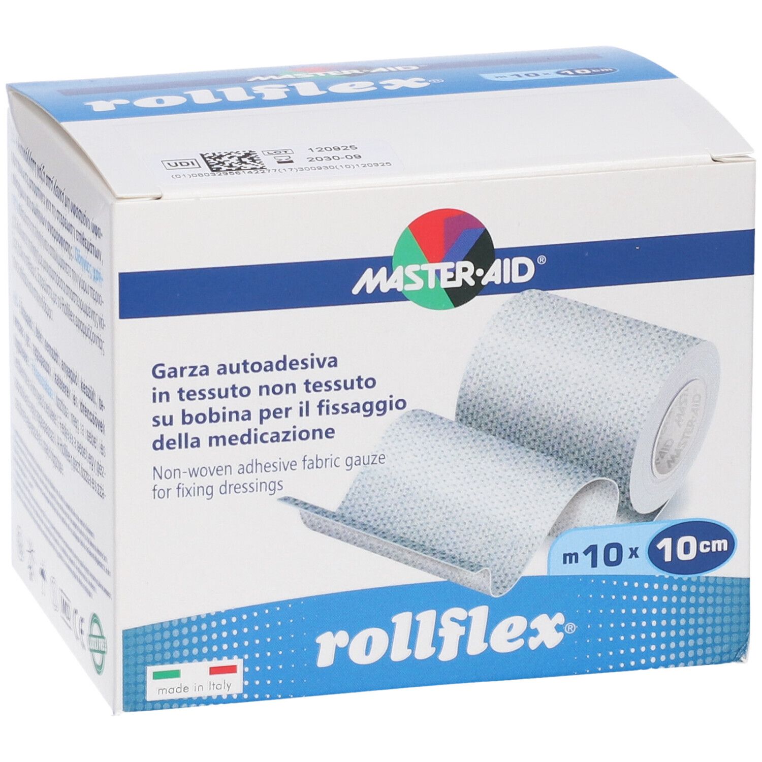Verpackung von Master-Aid Rollflex. Enthält eine Rolle nicht gewebter, selbstklebender Gaze. Abmessungen: 10cm x 10m.