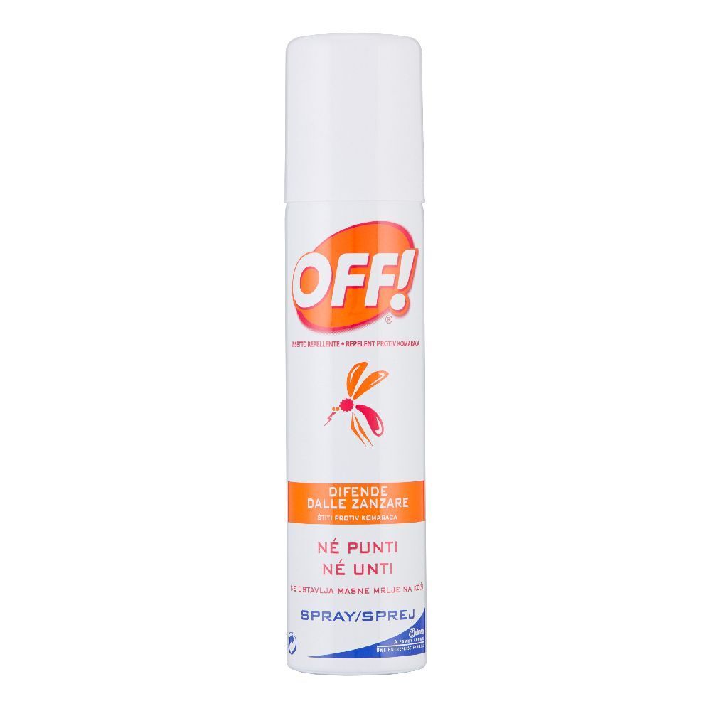 Spray bianco con etichetta arancione. Scritta "OFF!". Simbolo insetto e testo: "DIFENDE DALLE ZANZARE".