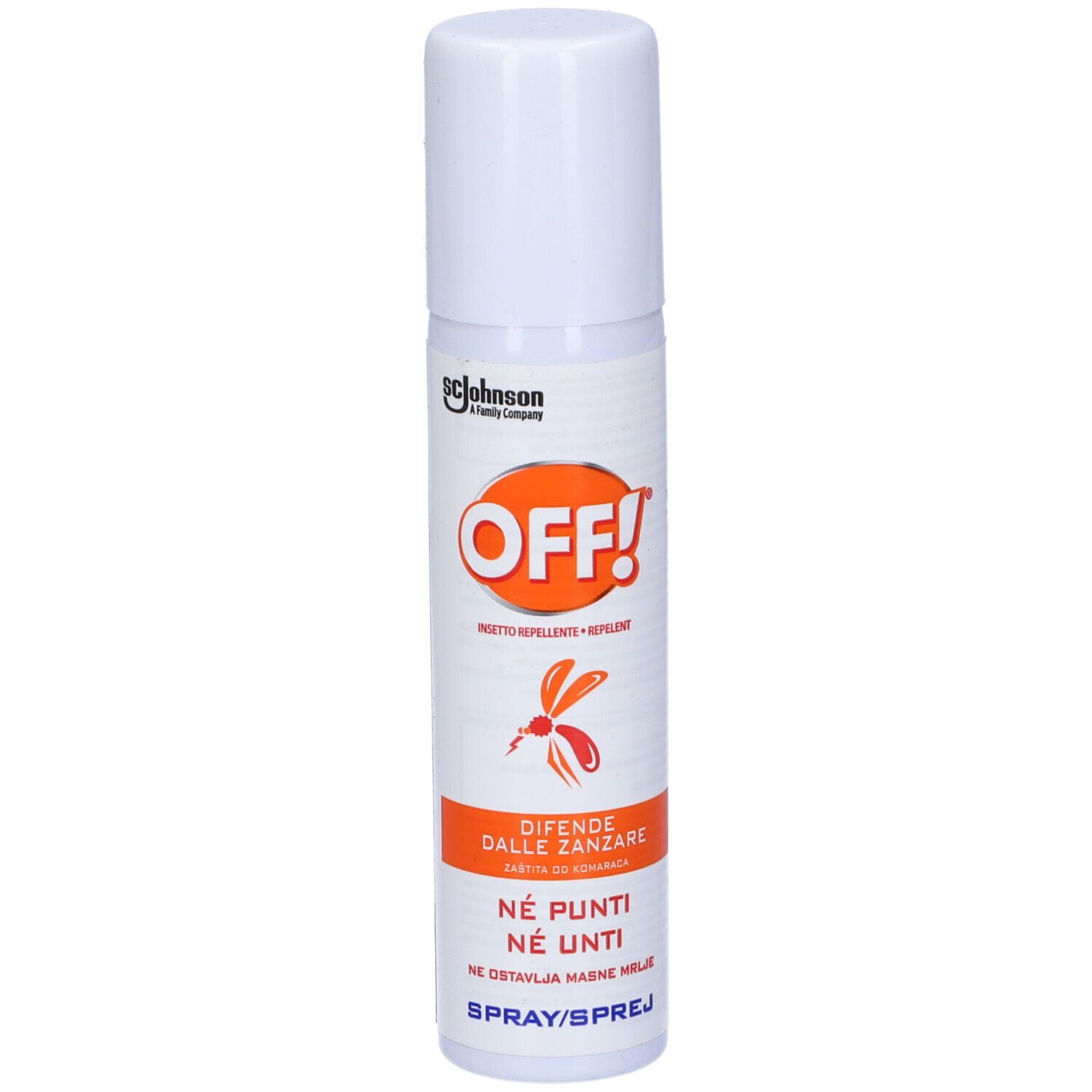 Spray bianco con etichetta arancione. Scritta "OFF!". Simbolo insetto e testo: "DIFENDE DALLE ZANZARE".